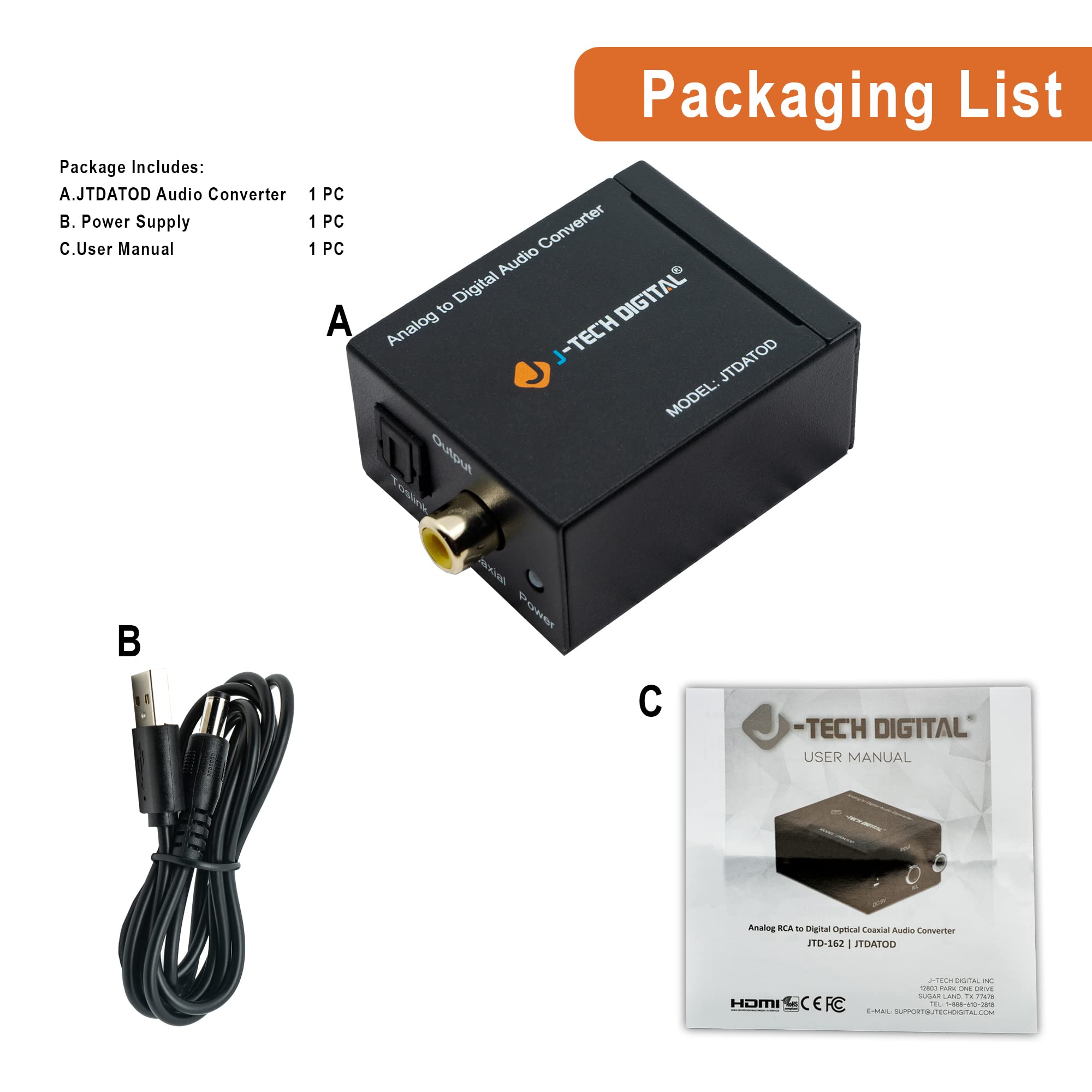 J Tech Digital  Premium Quality Rca L/R Analog Audio To Optical Spdif/Coaxial Digital Converter With 3.5Mm Jack Support Headphon