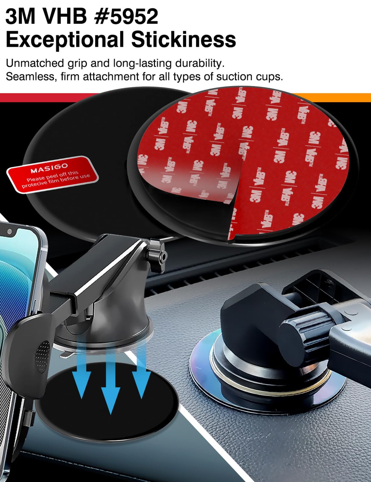 3M Vhb Dashboard Adhesive Sticky Pad Set For Car Mount - 3.15'' (80Mm) Disk With Secure Suction Cup Grip For Cell Phone Holder A