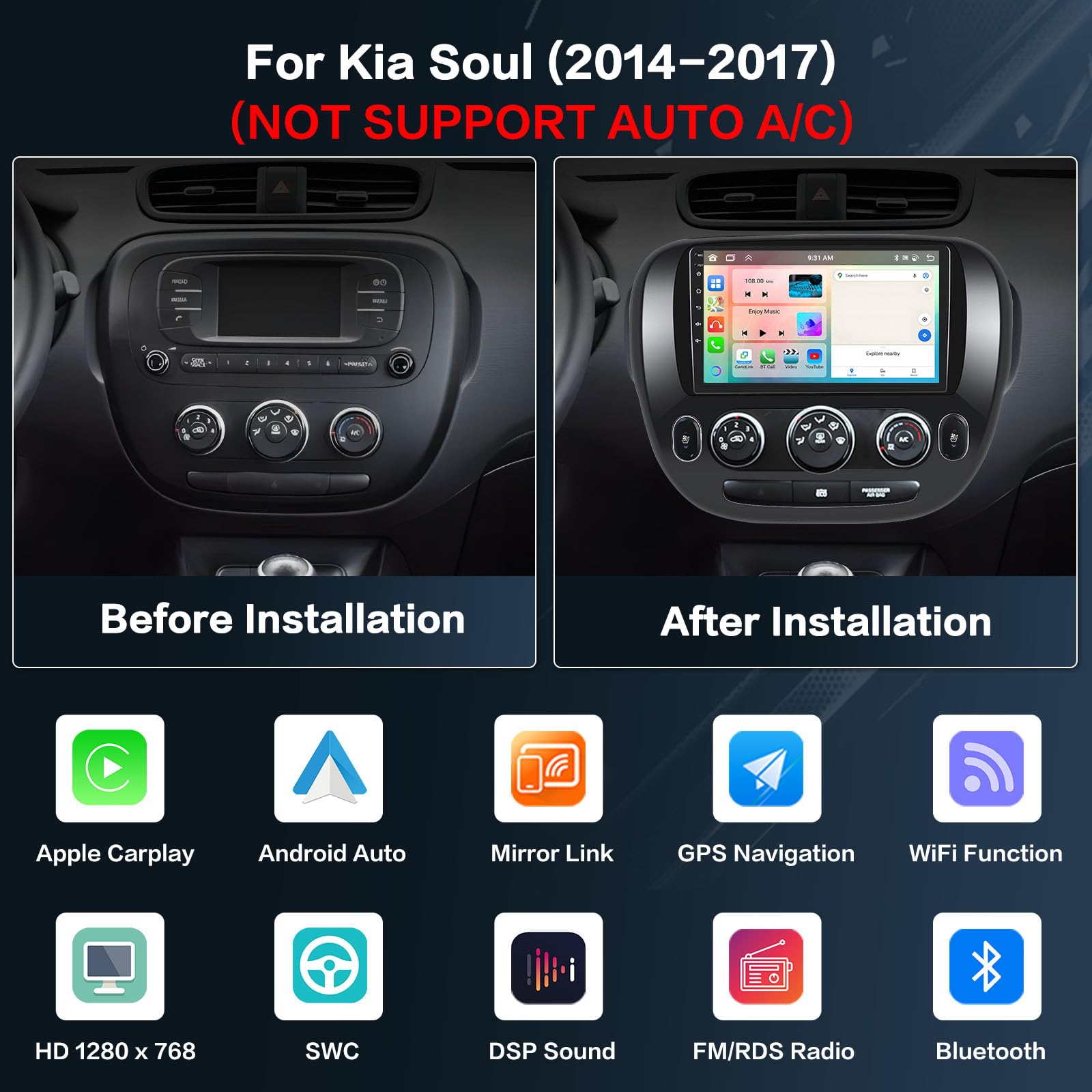 Inefala 8 Core 4+64G Android Car Stereo Screen For Kia Soul 2014 2017(Manual A/C) Radio Upgrade, 9'' Touch Screen With Wireless