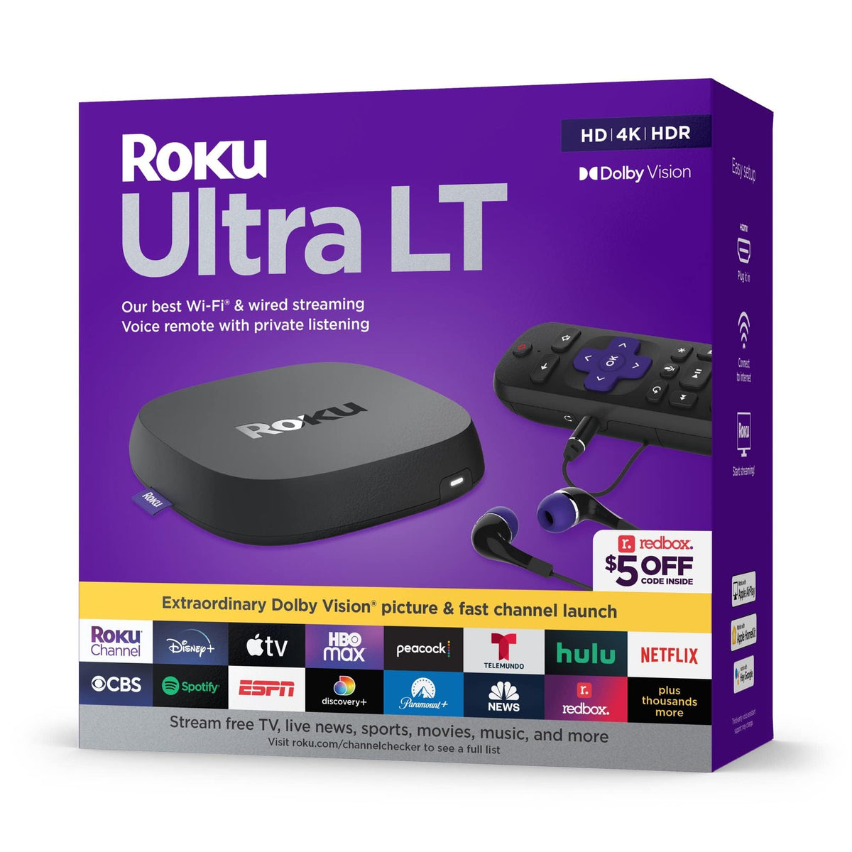Roku Ultra Lt (2023) Hd/4K/Hdr Dolby Vision Quad-Core Streaming Player With Hdmi Cable, Headphones, Voice Remote W/ Private List