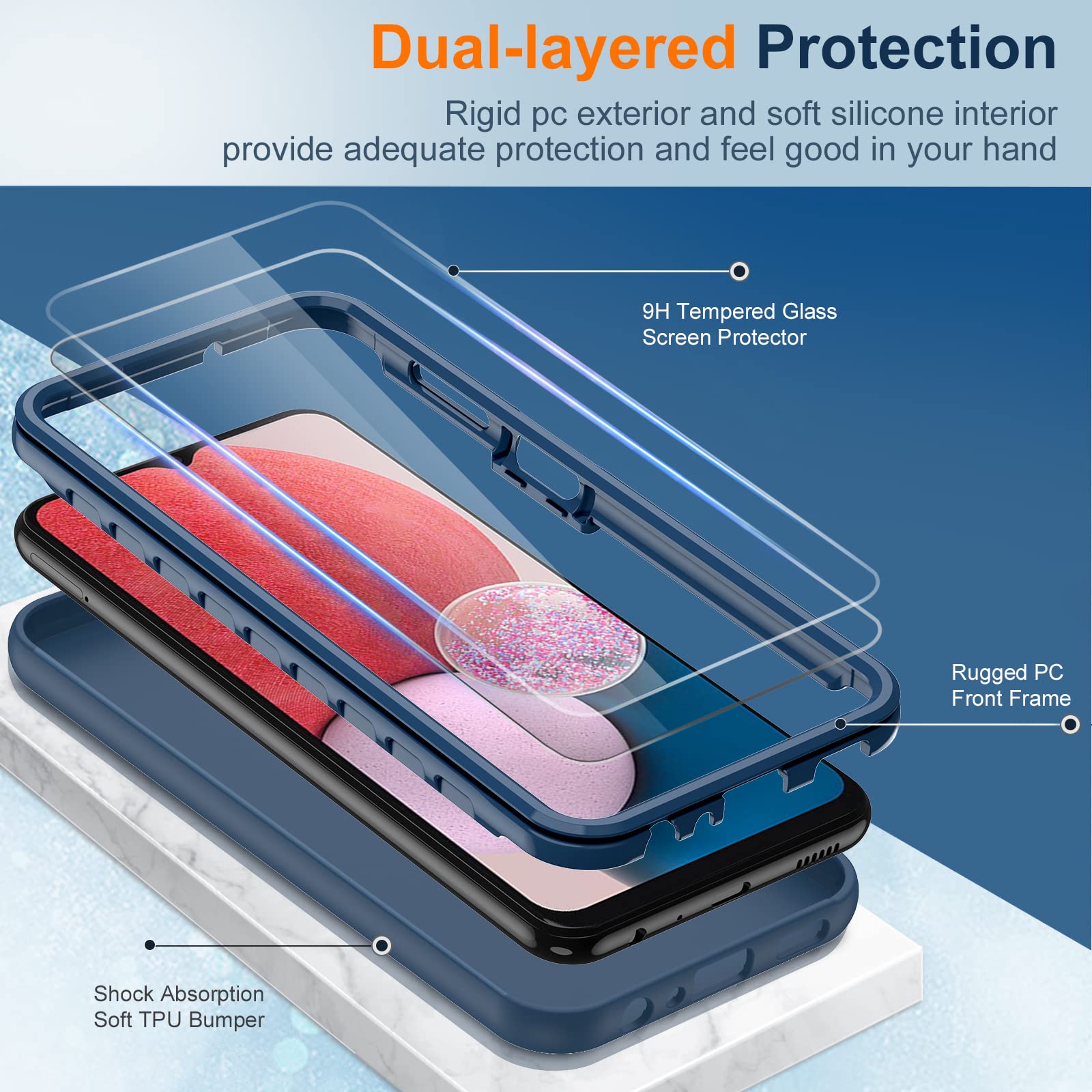LeYi Samsung Galaxy A13 5G Phone Case 2 Tempered Glass Screen Protectors Full-Body Shockproof Soft Liquid Silicone Navy Blue