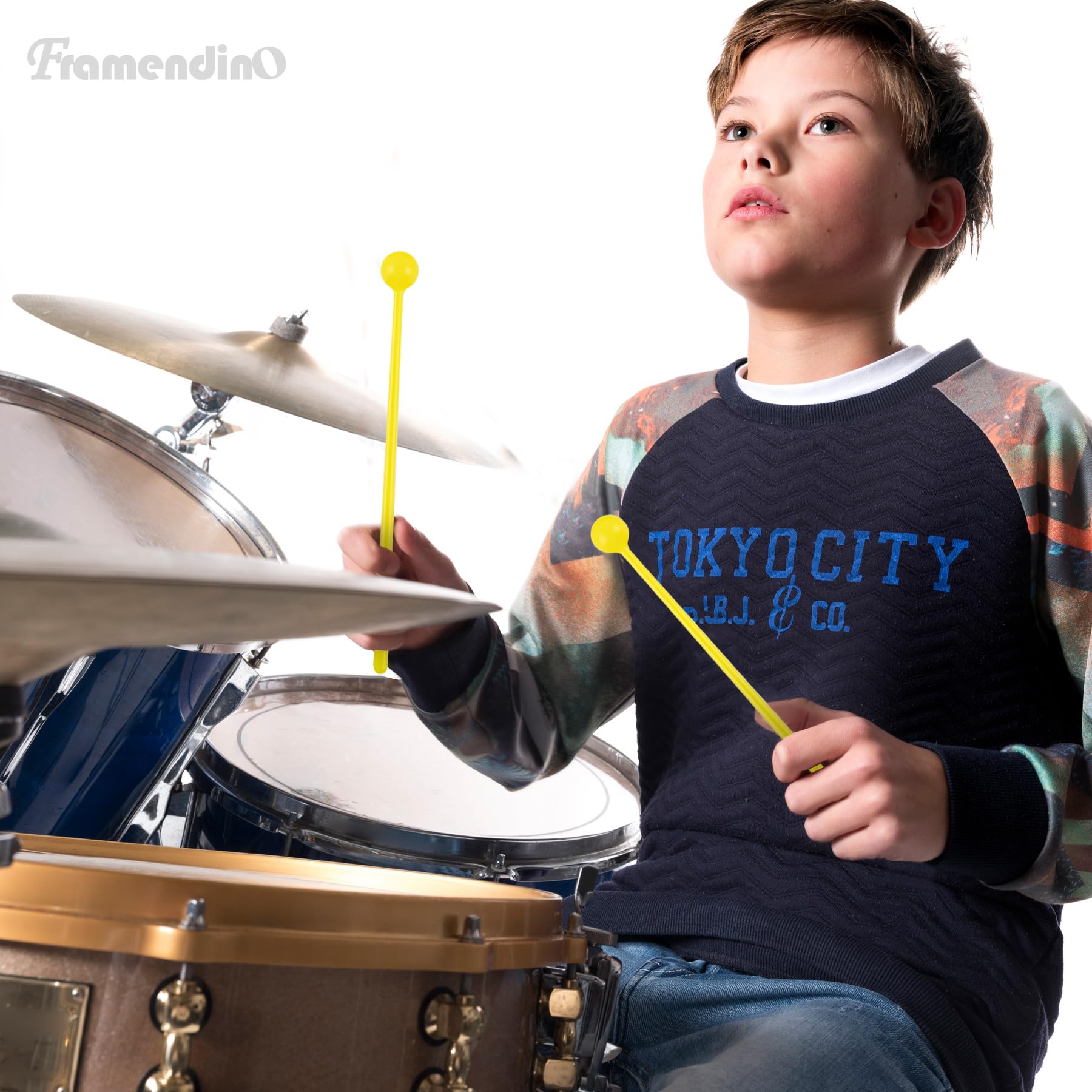 Framendino, 10 Pack Plastic Bell Mallets Solid Drum Percussion Sticks Hammer For Drum Chime Xylophone Yellow