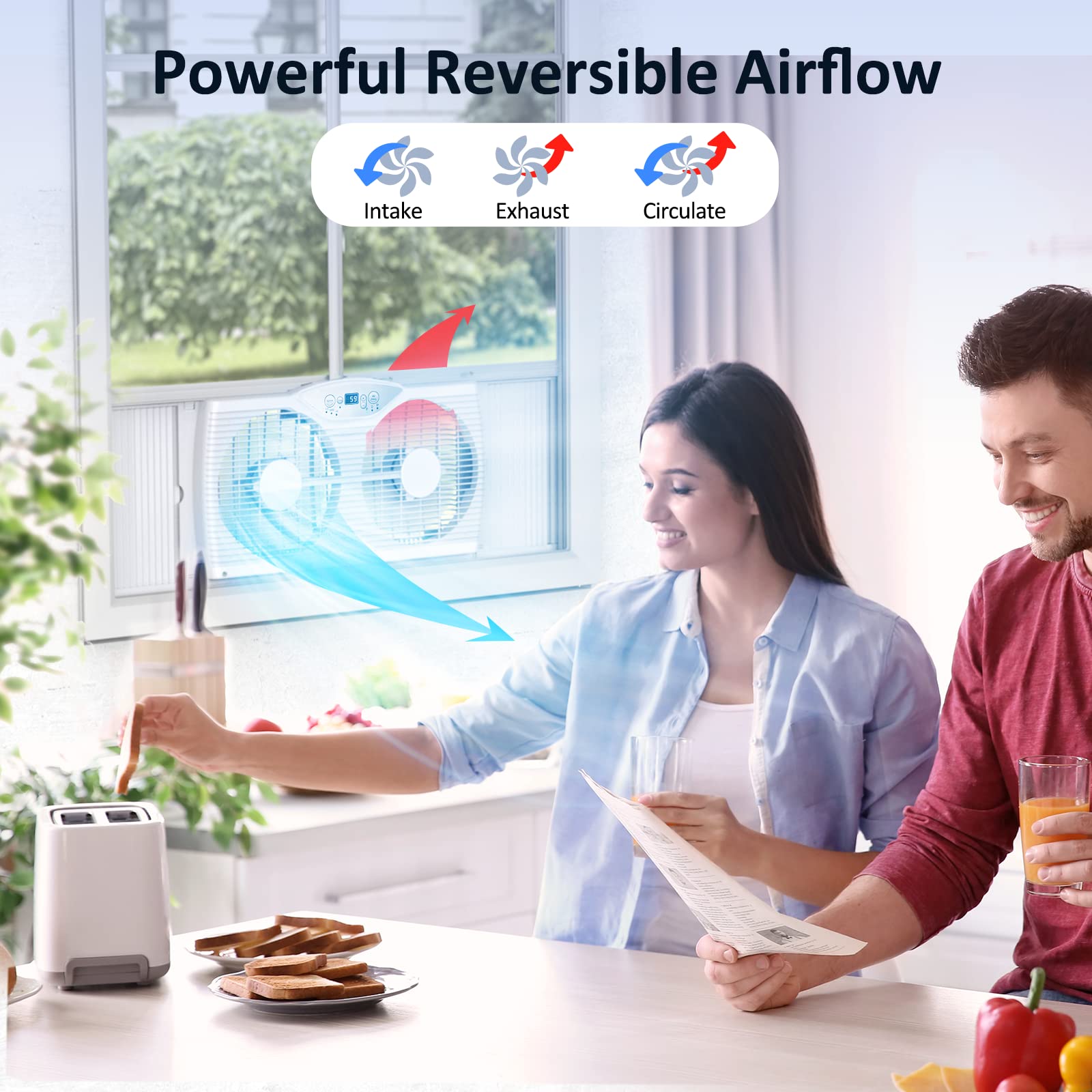 Shinic Twin Window Fan With Remote, 9 Inch Blades Reversible Airflow, Thermostat Control, 3 Speeds, 3 Functions, 23.8'' 37'' Exp