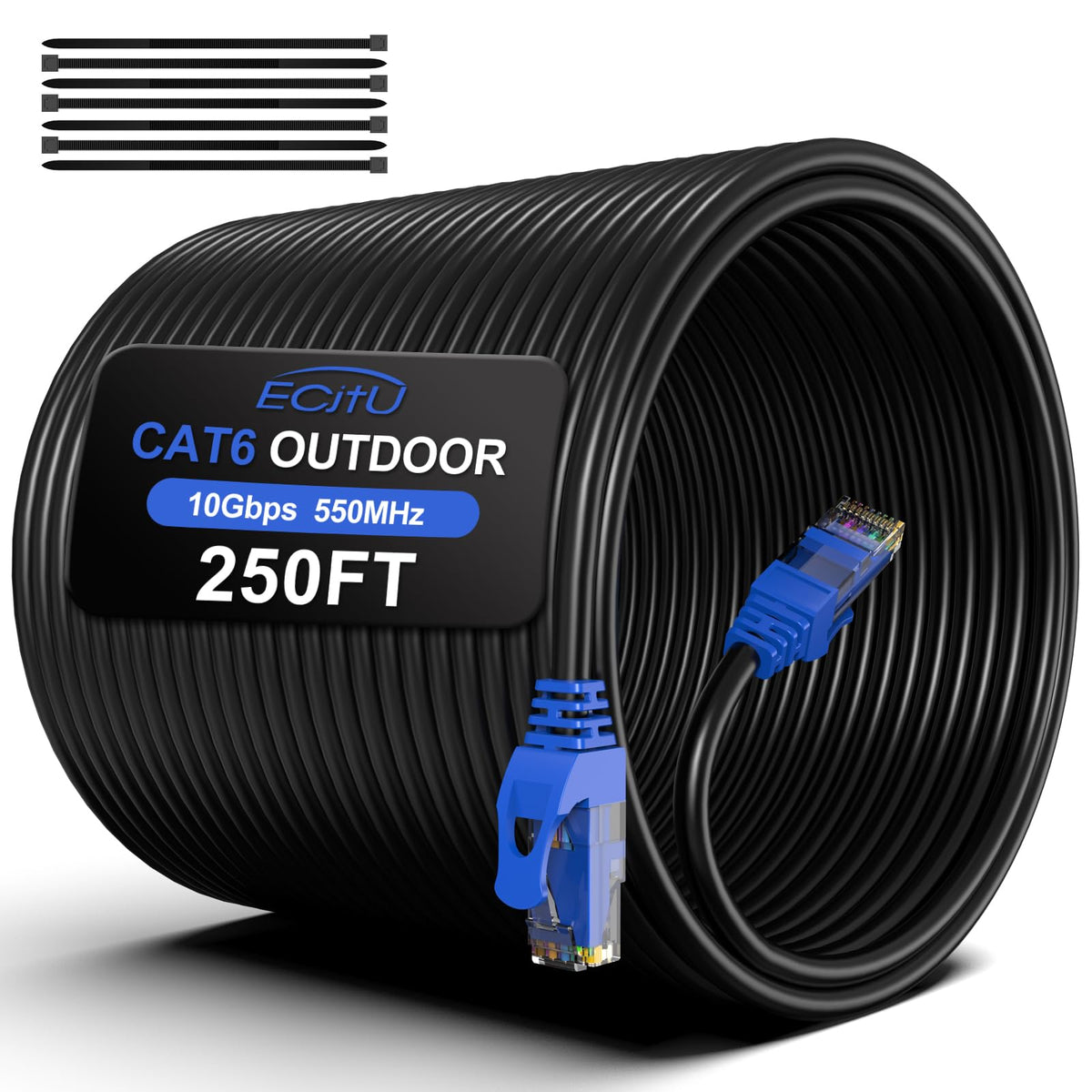 250Ft Cat6 Outdoor Ethernet Cable, In Ground, Heavy Duty Direct Burial, 24Awg Cca Patch Cord, Poe, Utp, Waterproof, Lldpe Uv Resistant, Network, Internet, Lan, Cat 6 Cable 250 Feet With 25 Cable Ties