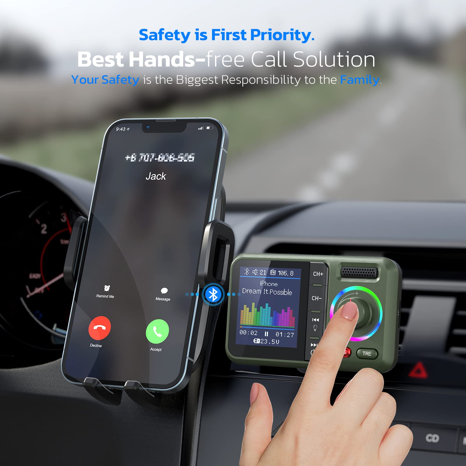 Nulaxy Bluetooth Fm Transmitter For Car, Wireless Car Bluetooth Adapter With Big Color Screen, Support Qc3.0 Fast Charging, Hands Free Call, Mp3 Music Player Bass&Tre Booster, Tf Card Aux Km28 Green