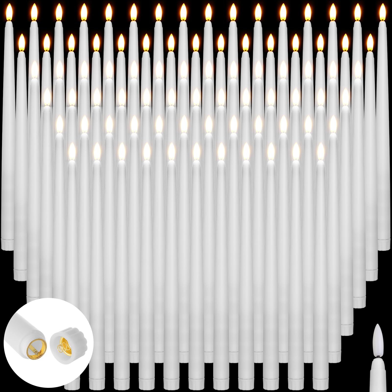 Baquler 100 Pcs Extra Long Flameless Taper Candles 12.4 inch Battery Operated Taper Candle Bulk LED Flickering White Candlestick