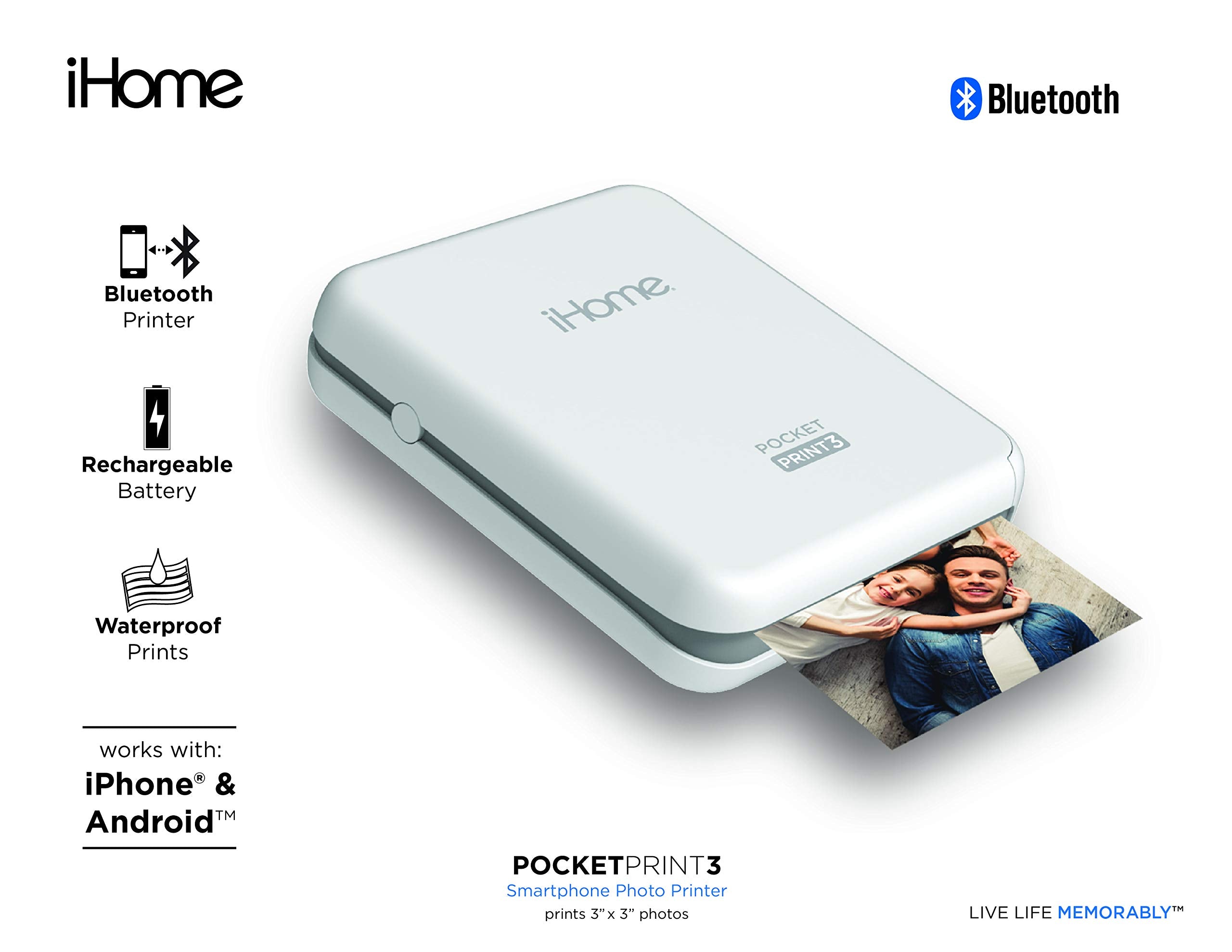 Ihomea Pocketprint3A Mobile Photo Printer Square 3X3 Inch Printouts (White)