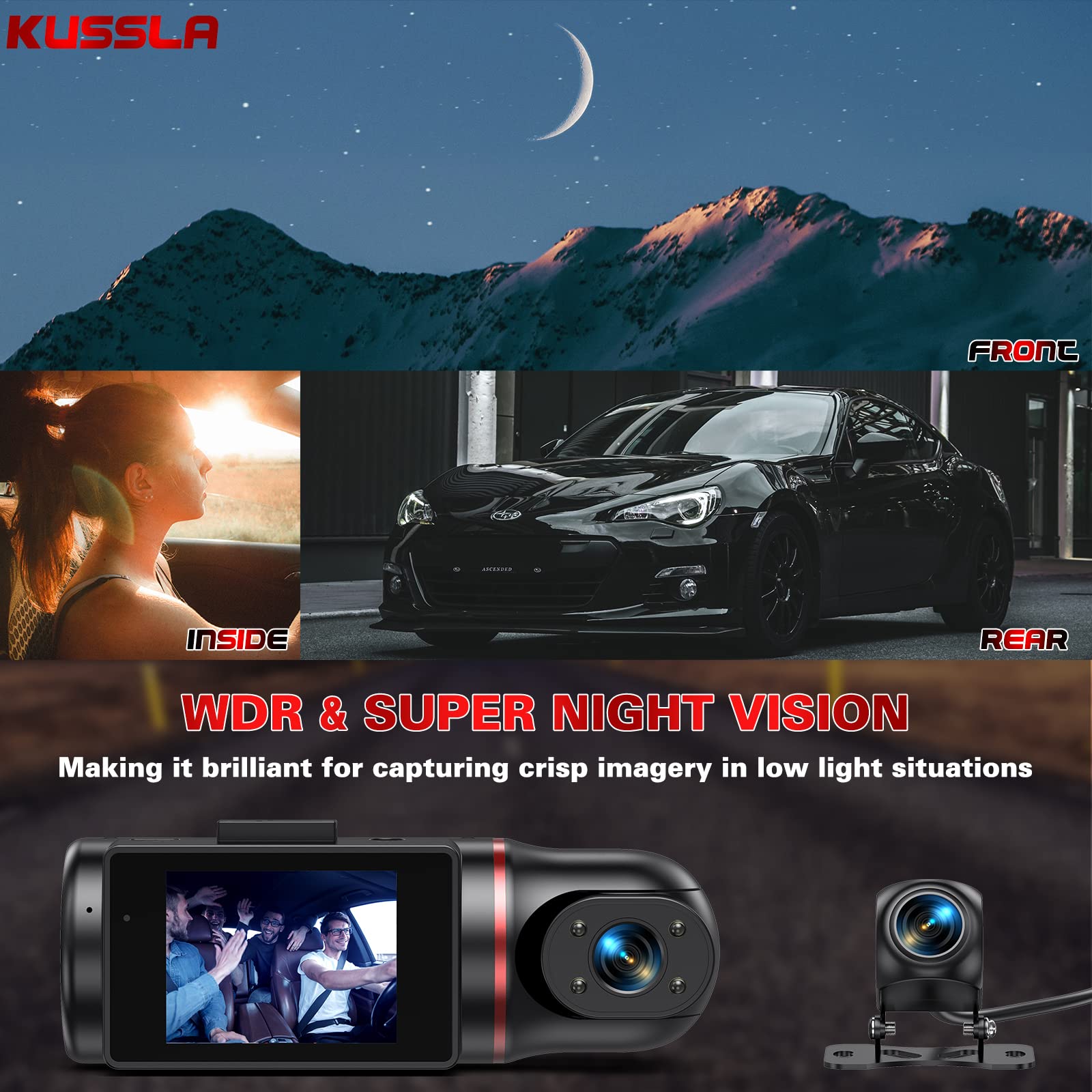 Kussla 3 Channel Dash Cam Front And Rear Inside, 1080P Dash Camera For Cars With 64Gb Card, Super Night Vision Dashcam, Car Came