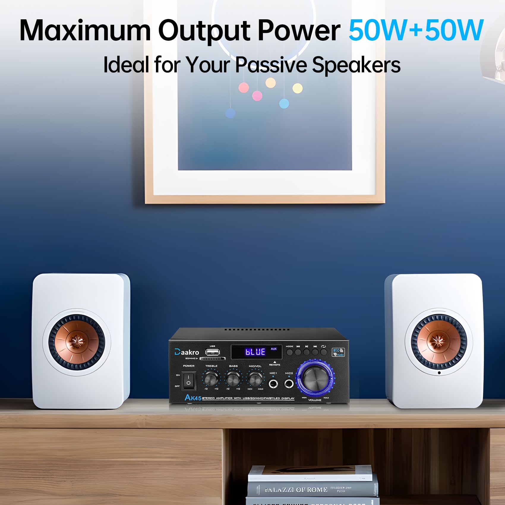 Daakro Ak45 Amplifier,Rated Power 50W*2,W/Bt 5.4/Tpa3116 Chip For Passive Speakers,Home Audio Amplifier W/Rca,Sd,Fm,Usb,Mic,Ster