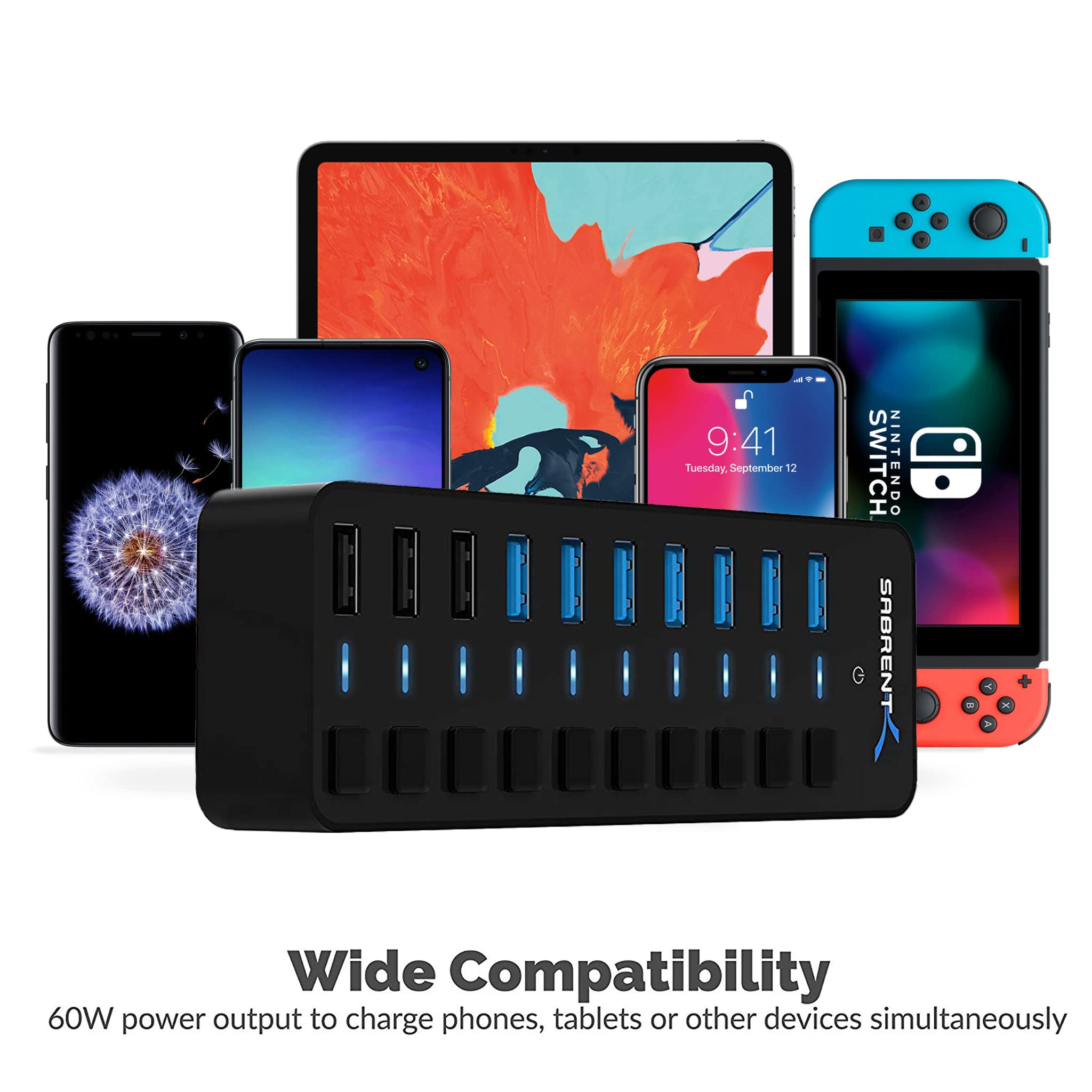 Sabrent 60W 10 Port Usb 3.0 Hub Includes 3 Smart Charging Ports With Individual Power Switches And Leds And 60W 12V/5A Power Ada