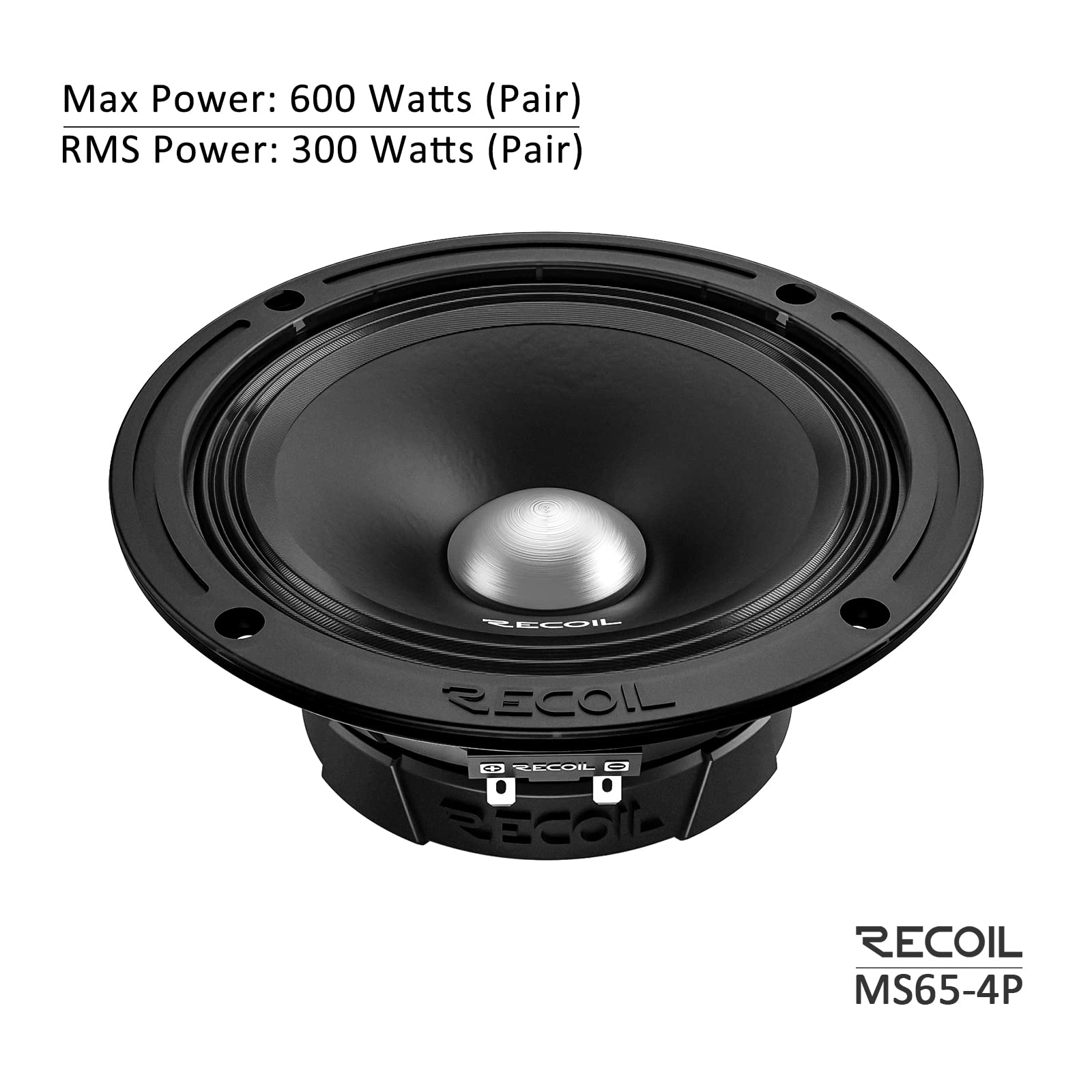 Recoil Ms65-4P 6.5-Inch Midrange Pro Audio Car Speakers, 600 Watts Max, 300 Watts Rms, 4Ohm, 1.5-Inch High Temperature Kapton Vo