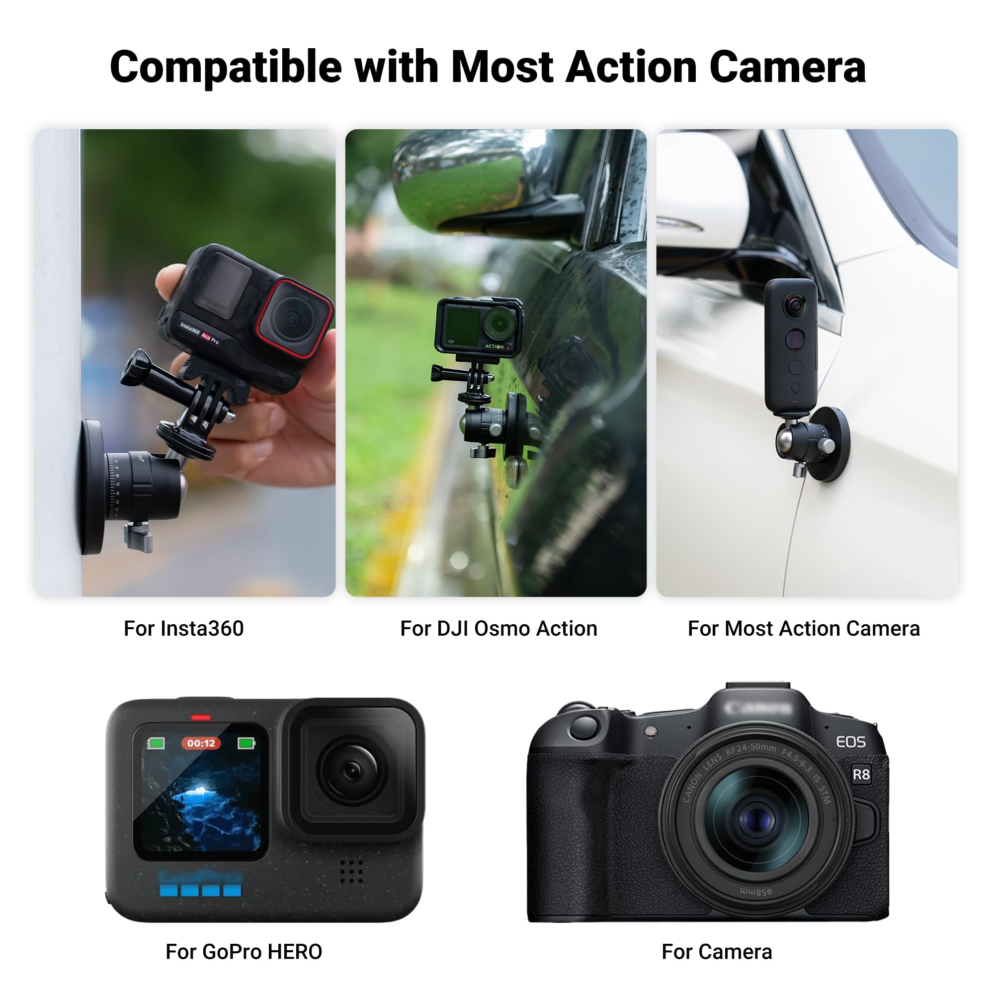 Profezzion Magnetic Mount Base Stand Kit With Deluxe Ball Head For Gopro Hero Camera, Dji Osmo Action Camera, Akaso Action Camer