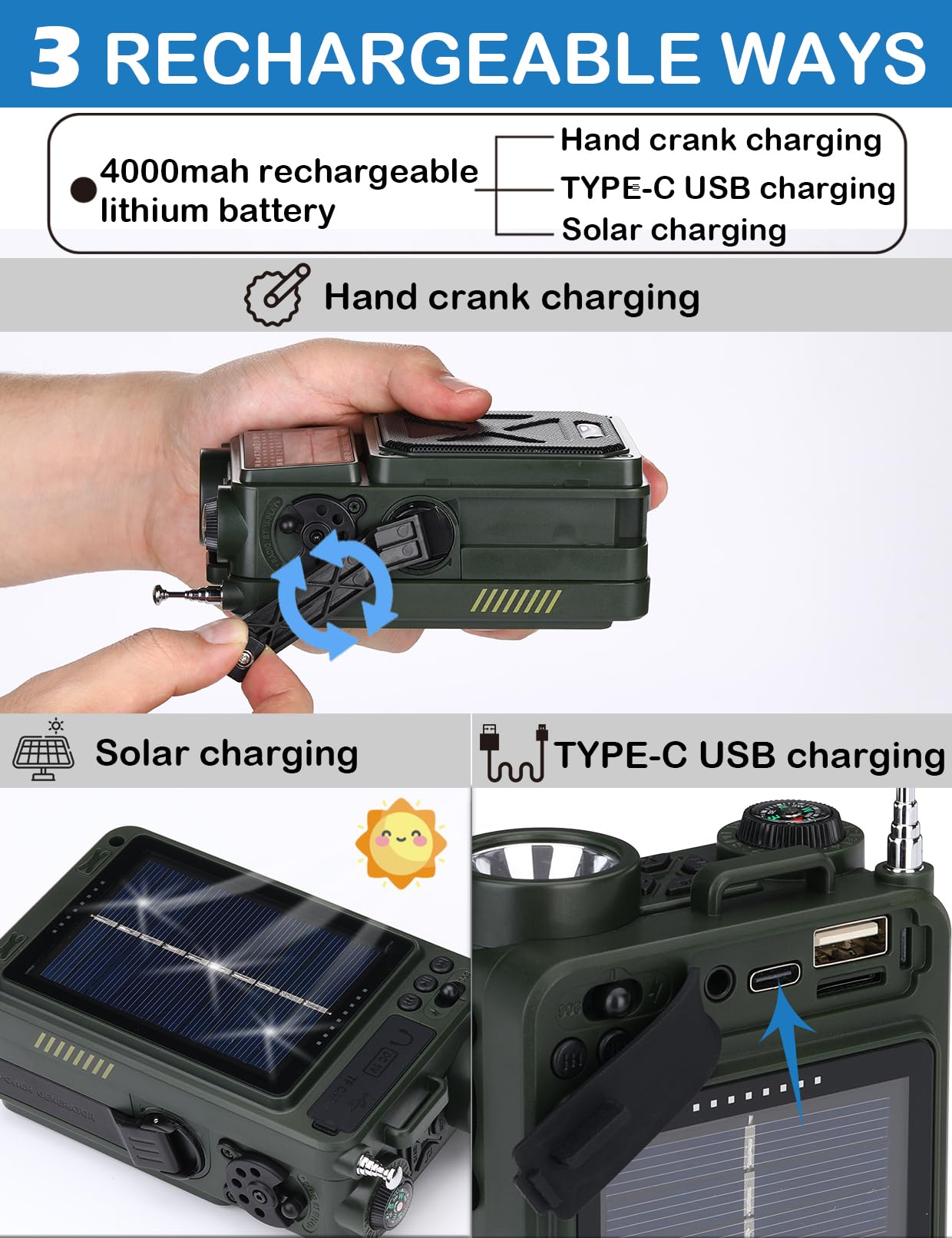 Zhiwhis Shortwave Radio With Bluetooth, Am/Fm/Sw/Wb Emergency Radios With Noaa Alerts, Hand Crank/Solar/4000Mah/White Noise/Sos/