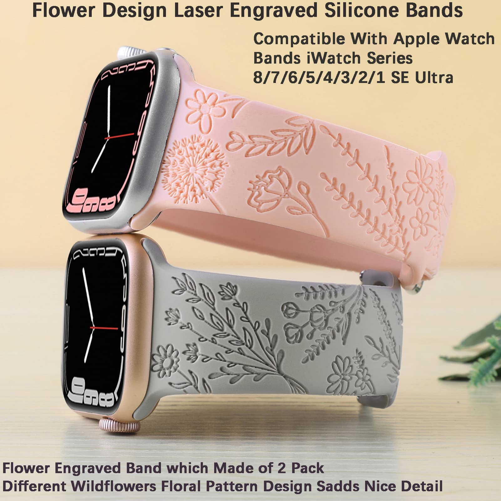 Flower Engraved Silicone Band Compatible With Apple Watch Bands 38Mm 40Mm 41Mm, Cute Women Wildflowers Floral Design Soft Sport Strap Replacement Wristbands For Iwatch Series 8 7/Se/6/5/4/3/2/1