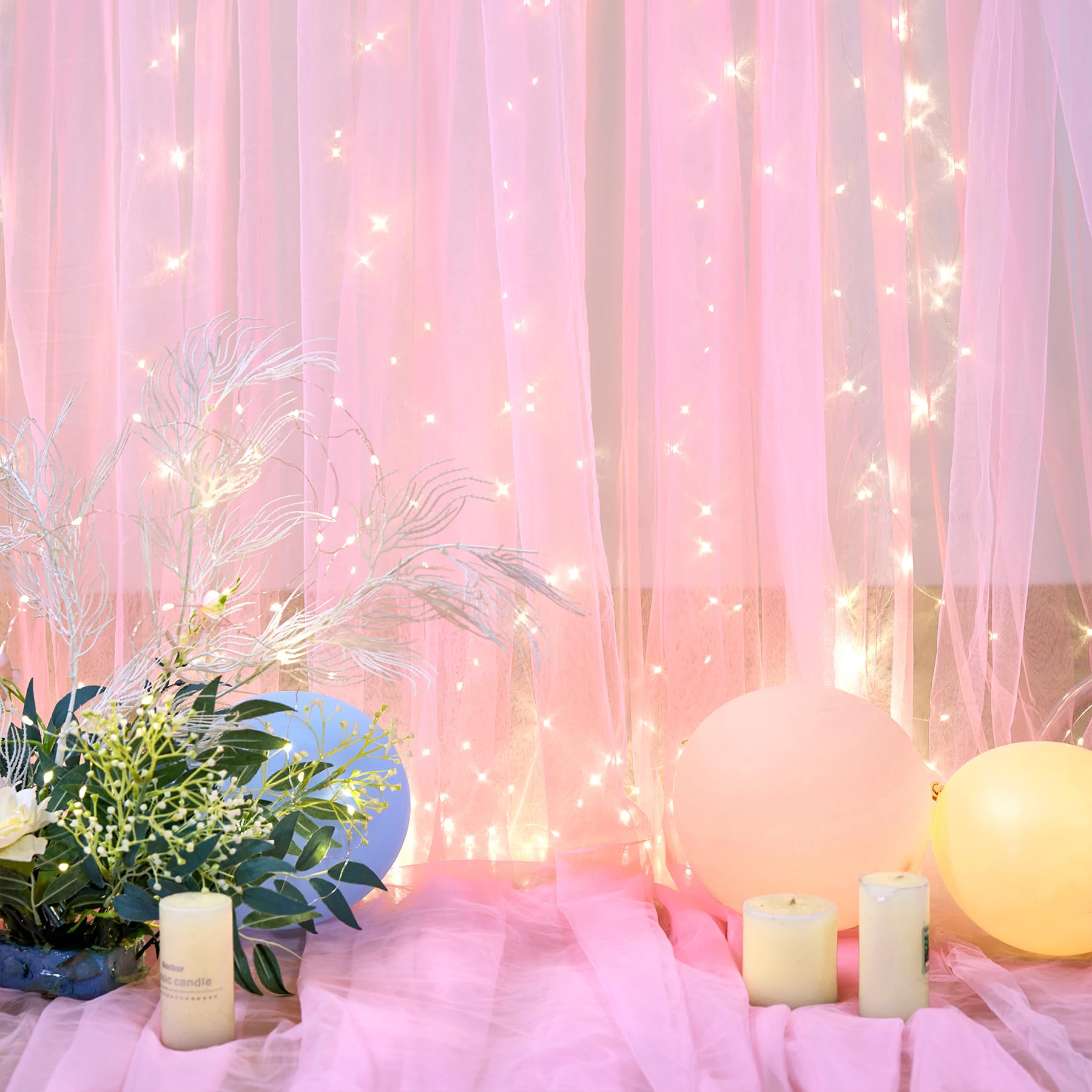 Pink Backdrop Curtains With Lights String For Baby Shower Girl Parties Sheer Tulle Backdrop Curtain Panels For Birthday Party Br