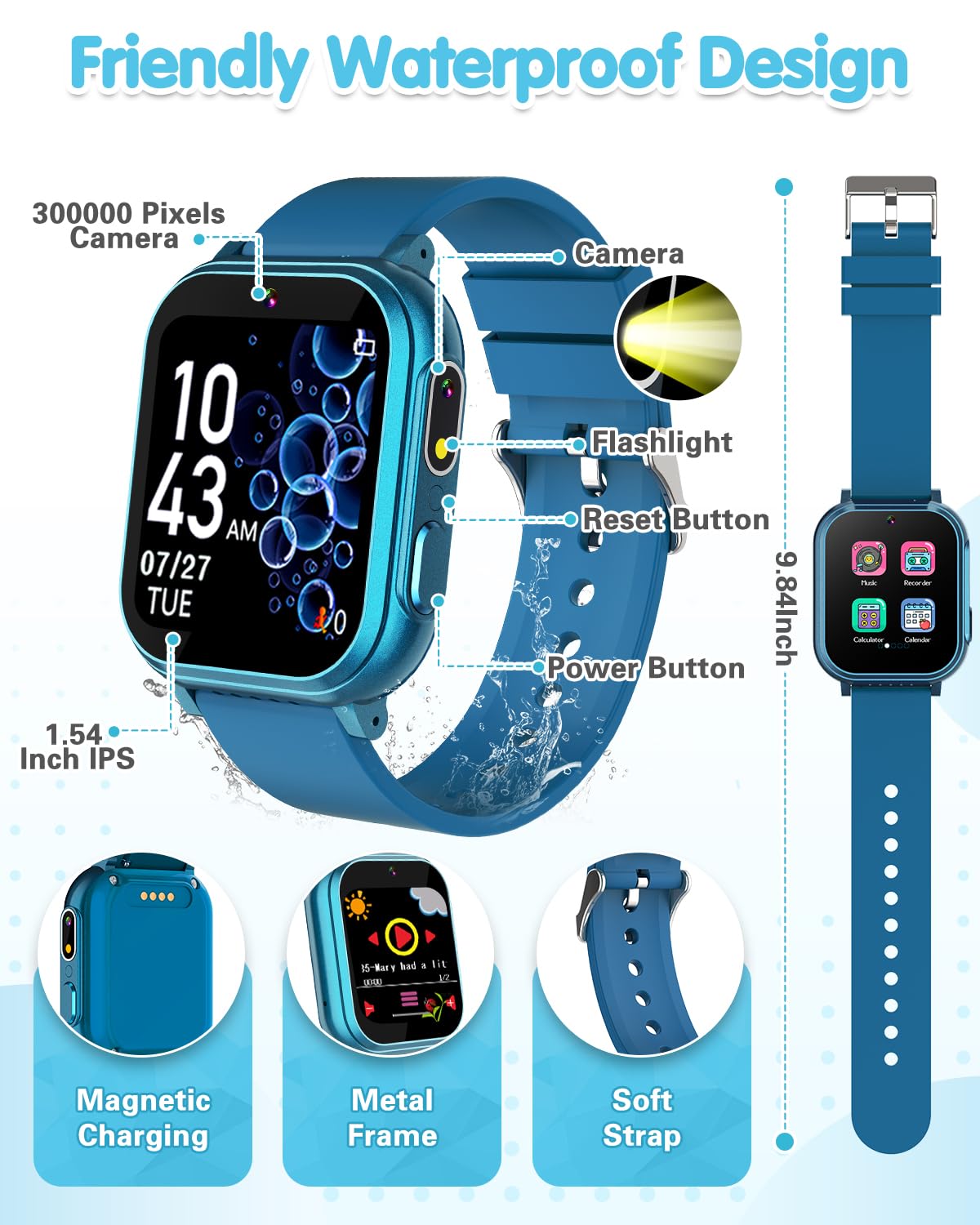 Waterproof Smart Watch For Kids With 32 Games Dual Camera, Habit Tracking, Pedometer, Hd Touchscreen With Protector, Kids Watch