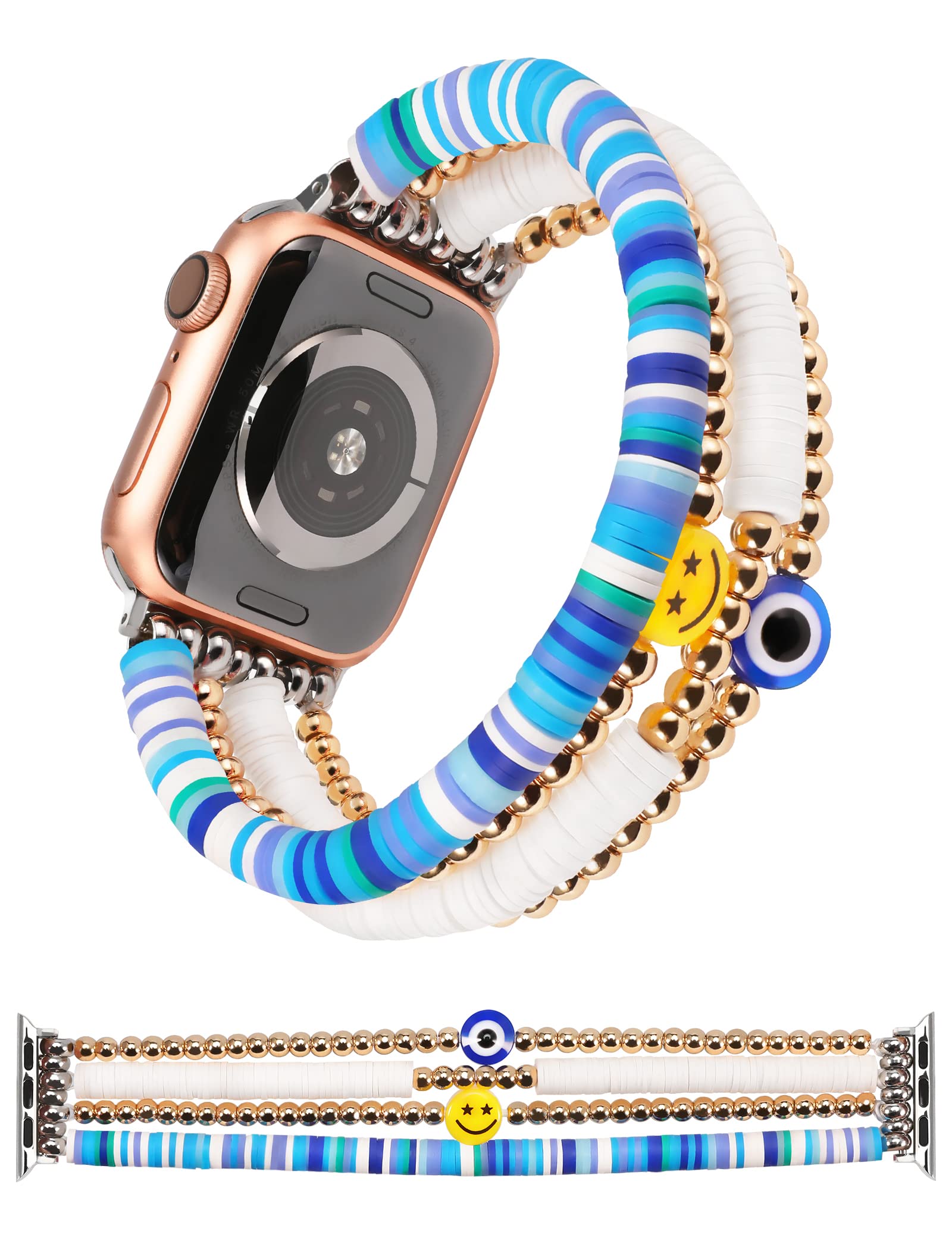 TOYOUTHS Heishi Beaded Bracelet Compatible with Apple Watch Band Women Kids Girls Cute Stretchy Clay Preppy Elastic Strap for iW