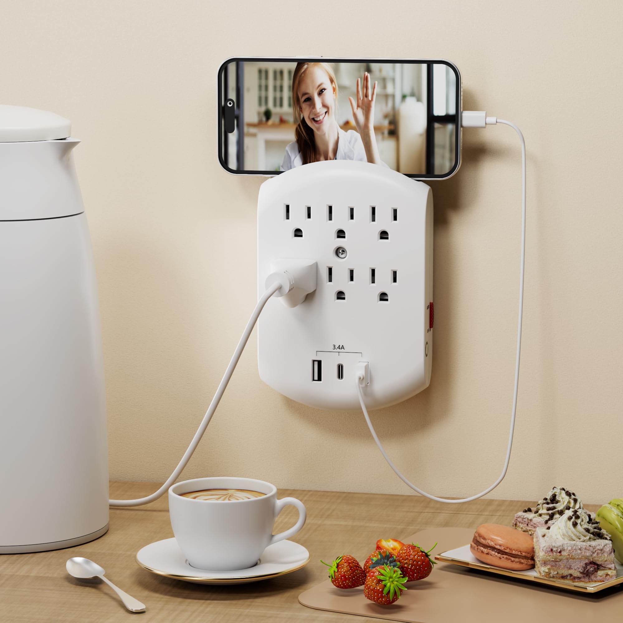 Bn Link Outlet Extender, Multi Plug Outlets With 6 Outlets 3 Usb Ports (3.4A Total), Dusk To Dawn Sensor Night Light, Outlet Spl