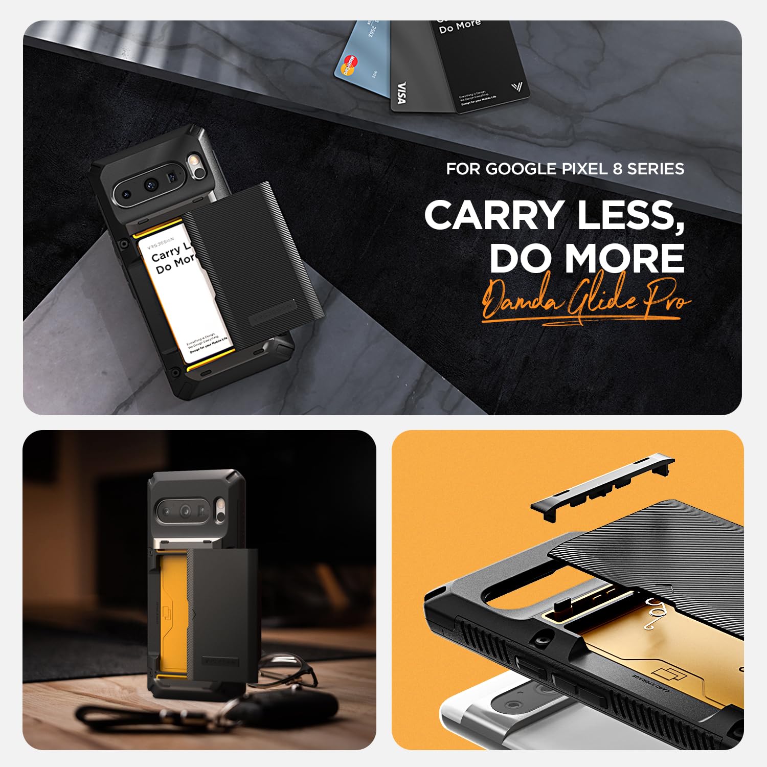 Vrs Design Damda Glide Pro Wallet Phone Case For Pixel 8 Pro, Sturdy Semi Auto Card Holder Wallet [4 Cards] Case Compatible For