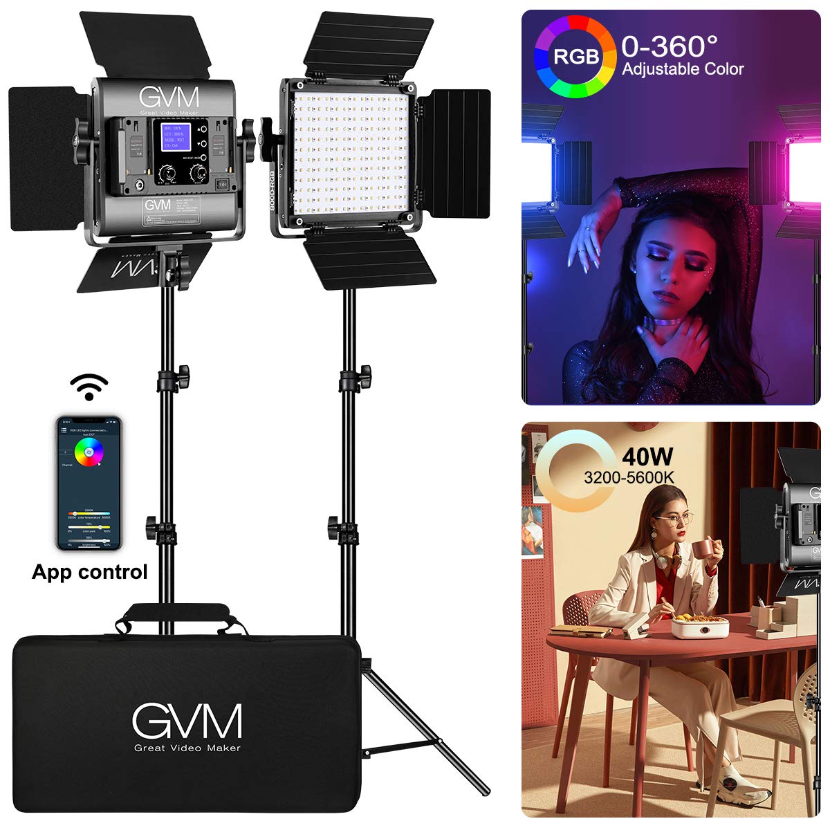 Gvm Rgb Led Video Light, 2Pcs Video Lighting Kit With App Control, 40W Photography Lighting Led Panel Light With 8 Kinds Of The