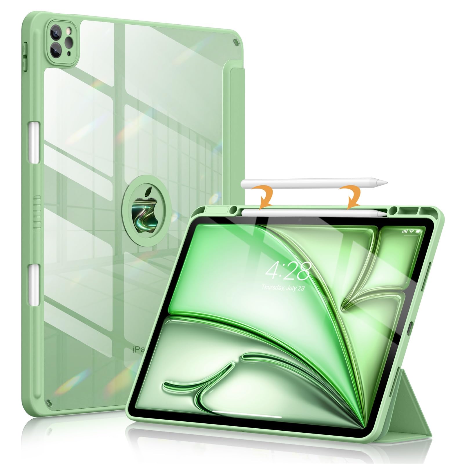 Soke Case For Ipad Air 13 M2 2024/Pro 12.9 (6Th/5Th/4Th Generation, 2022/2021/2020)   Pencil Holder+Auto Sleep/Wake+Camera Protection, Shockproof Back Cover For Ipad Pro 12.9 Inch, Matcha Green