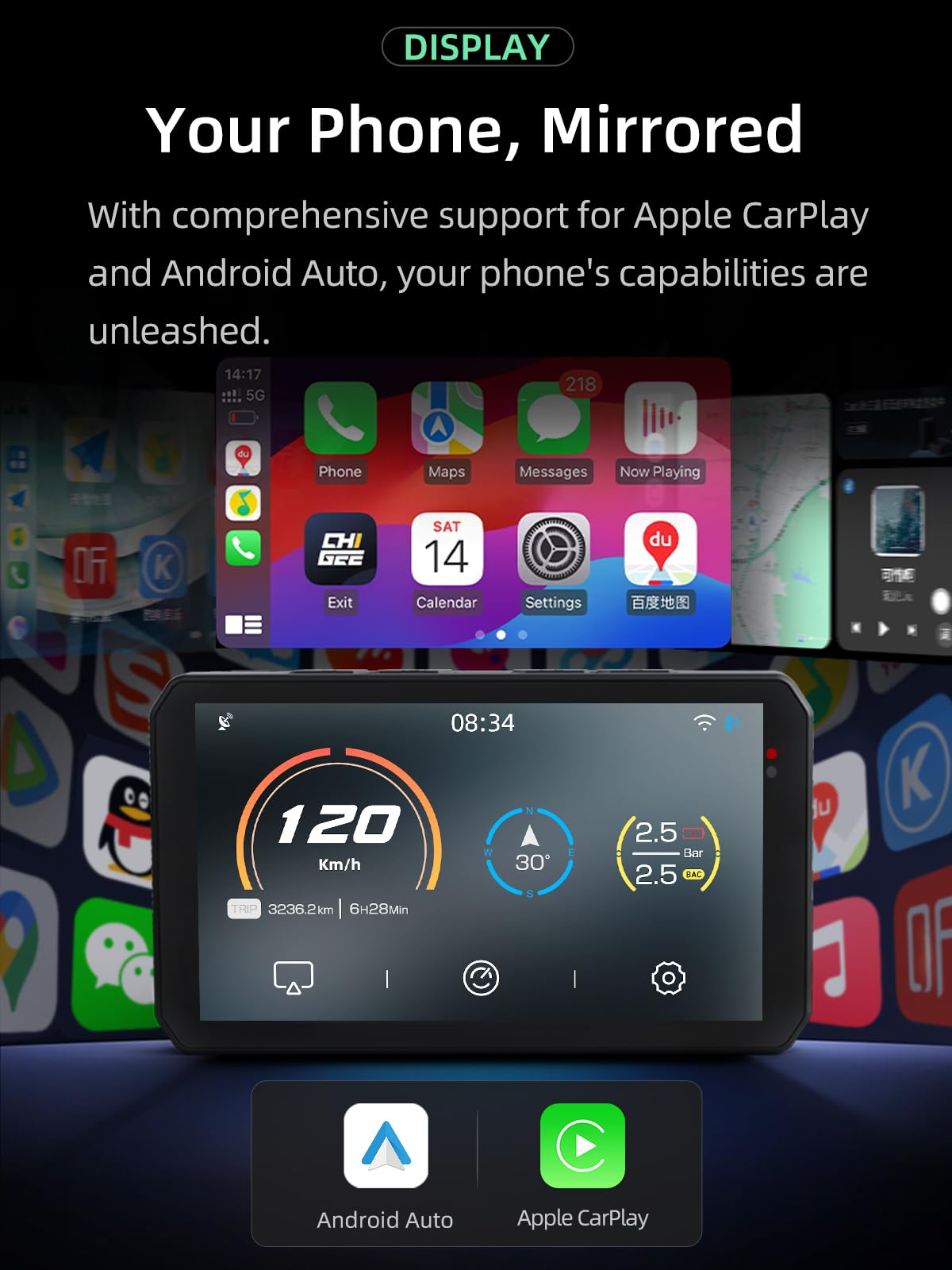 Chigee Aio 5Play Motorcycle Carplay Android Auto Gps Navigation System, 5'' Ips Lcd 60Fps, 5G Wi Fi Bt, Ip68 Waterproof, Support