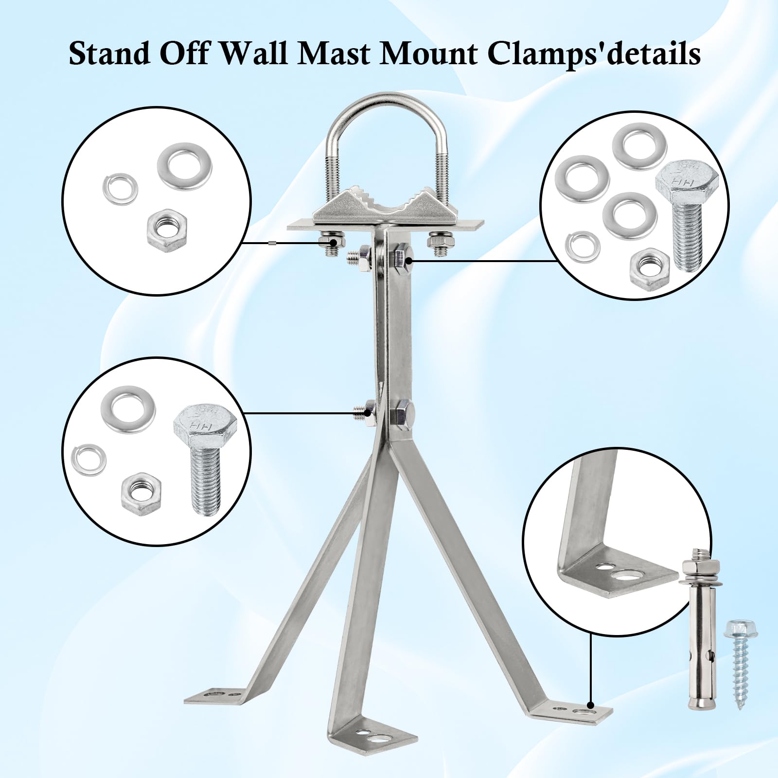 XRDS-RF Antenna Wall Mount Bracket, 14 Inch Heavy-Duty, Silver, 3-Leg + 2-Leg Design, Windproof for TV Antenna Mast