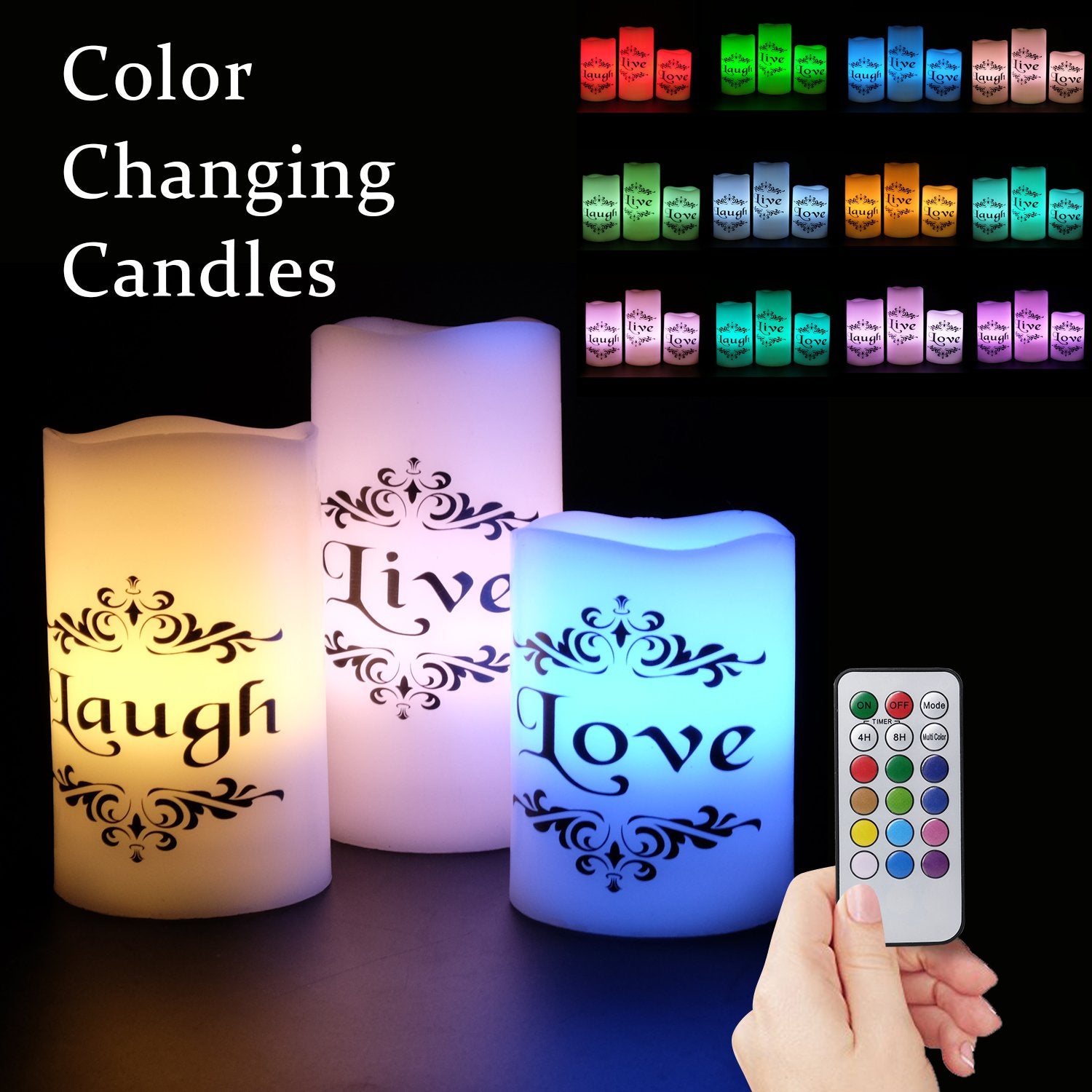 Dromance Color Changing Flameless Candles Battery Operated With 18 Key Remote Timer, 3 Pack Real Wax Live Love Laugh Decal Flick