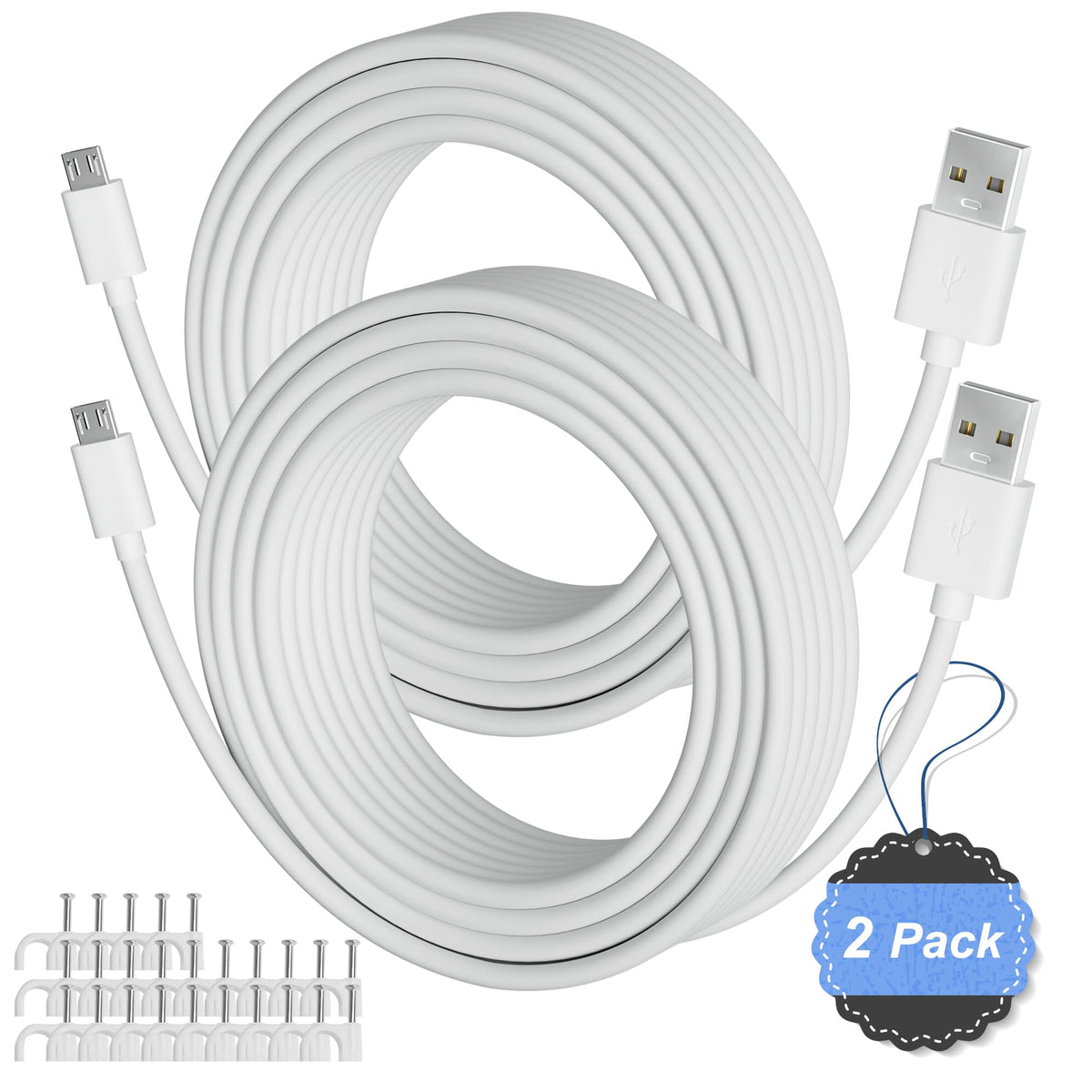 2 Pack 20Ft Usb To Micro Usb Extension Power Cable, Long Charging Cord, 21Awg Ofc, Oxygen Free Copper, Compatible With Wyze Cam,