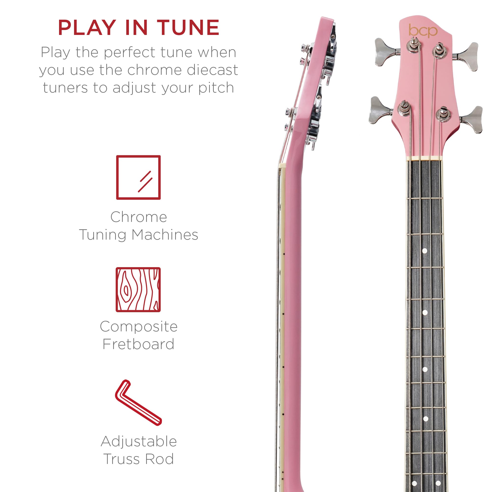 Best Choice Products Acoustic Electric Bass Guitar, Full Size 4 String, Fretted Bass Guitar W/Padded Gig Bag   Pink