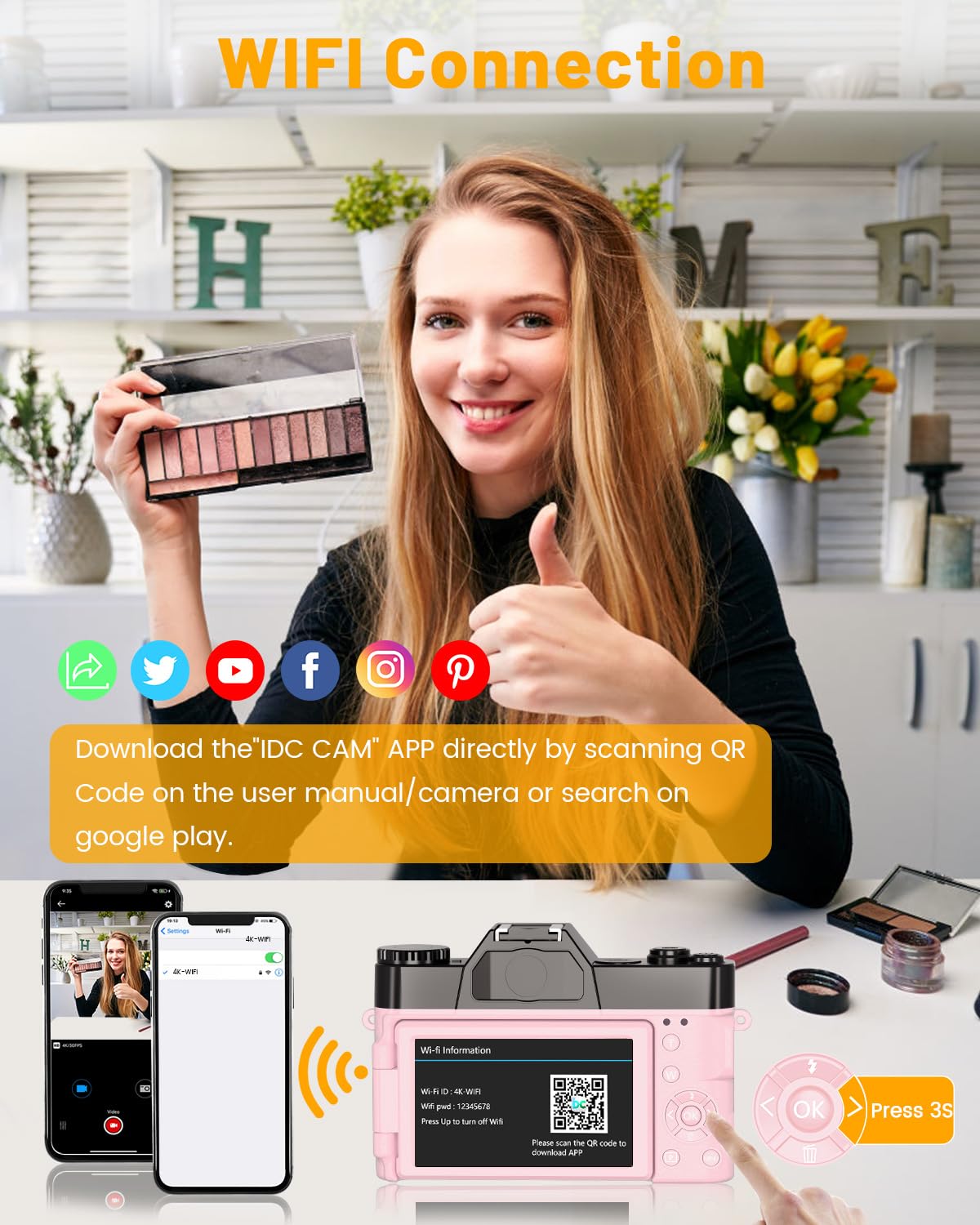 2024 Upgrade Vjianger Digital Camera For Photography 4K 56Mp Vlogging Camera For Youtube With Wifi, 180� Flip Screen, 16X Digital Zoom, 52Mm Lens, 2 Batteries, 32Gb Micro Sd Card(Pink)