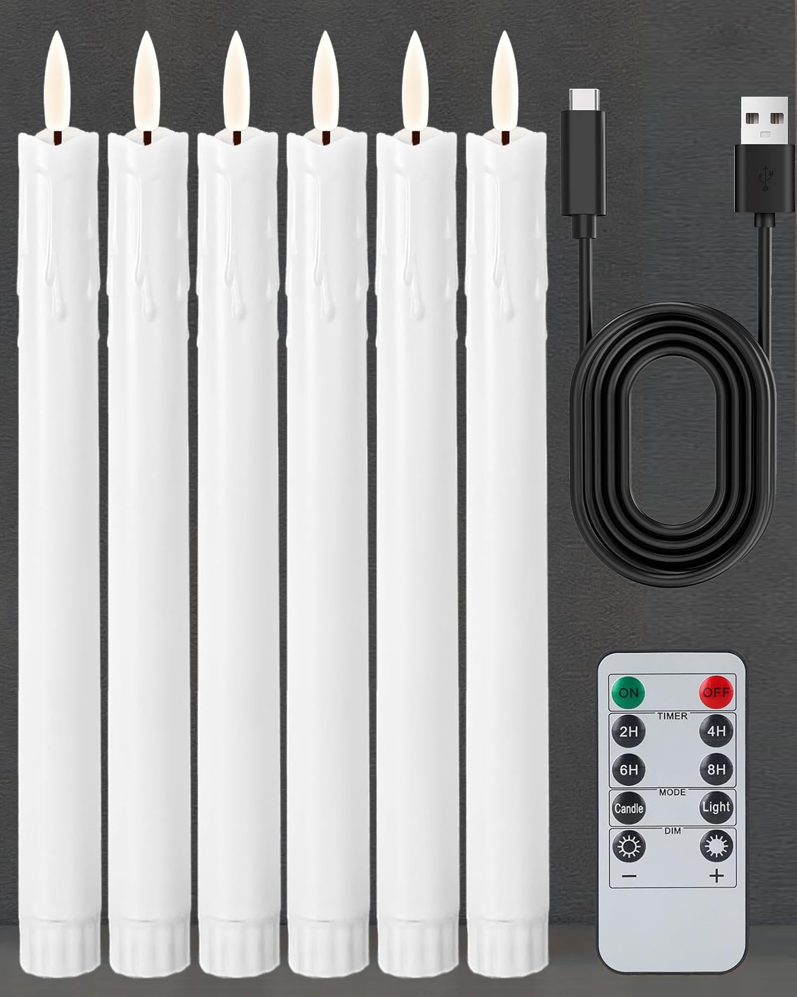 Gmnee 9.6 Rechargeable Flameless Taper Candles with Remote, Timer, Dimmer, White LED CandleSticks, 6 Pack Long Candles Battery O
