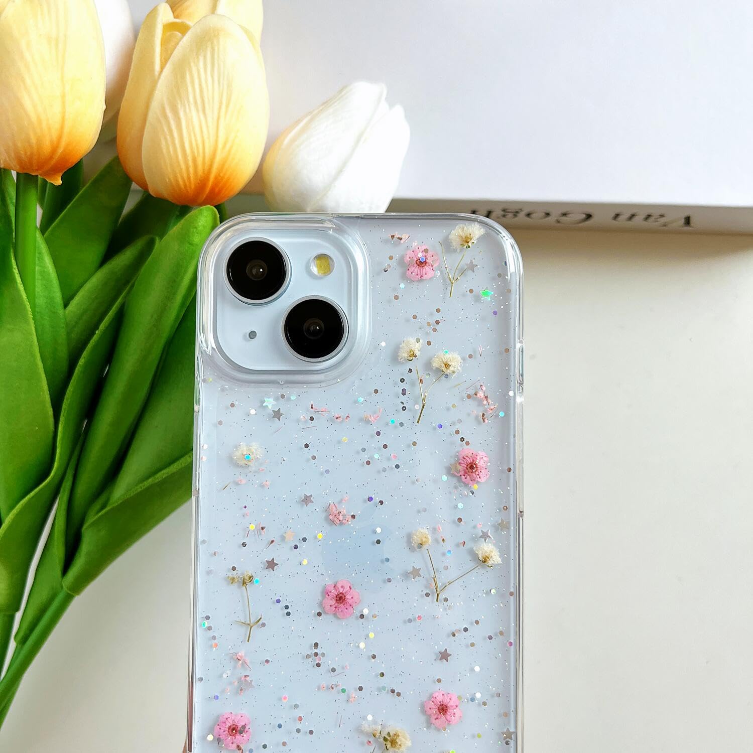 Lseeka For Iphone 14 Plus/Iphone 15 Plus Clear Case With Pressed Real Flowers Design,Glitter Cute Pink Floral Pattern Slim Soft