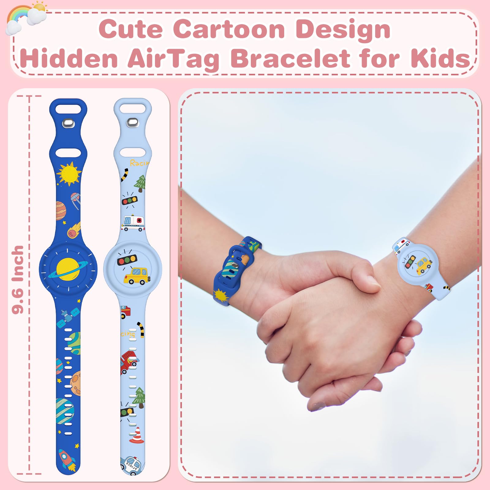 2 Pack Waterproof Air Tag Bracelet For Kids, Cute Cartoon Airtag Holder For Kids Soft Silicone Full Coverage Hidden Airtags Wris