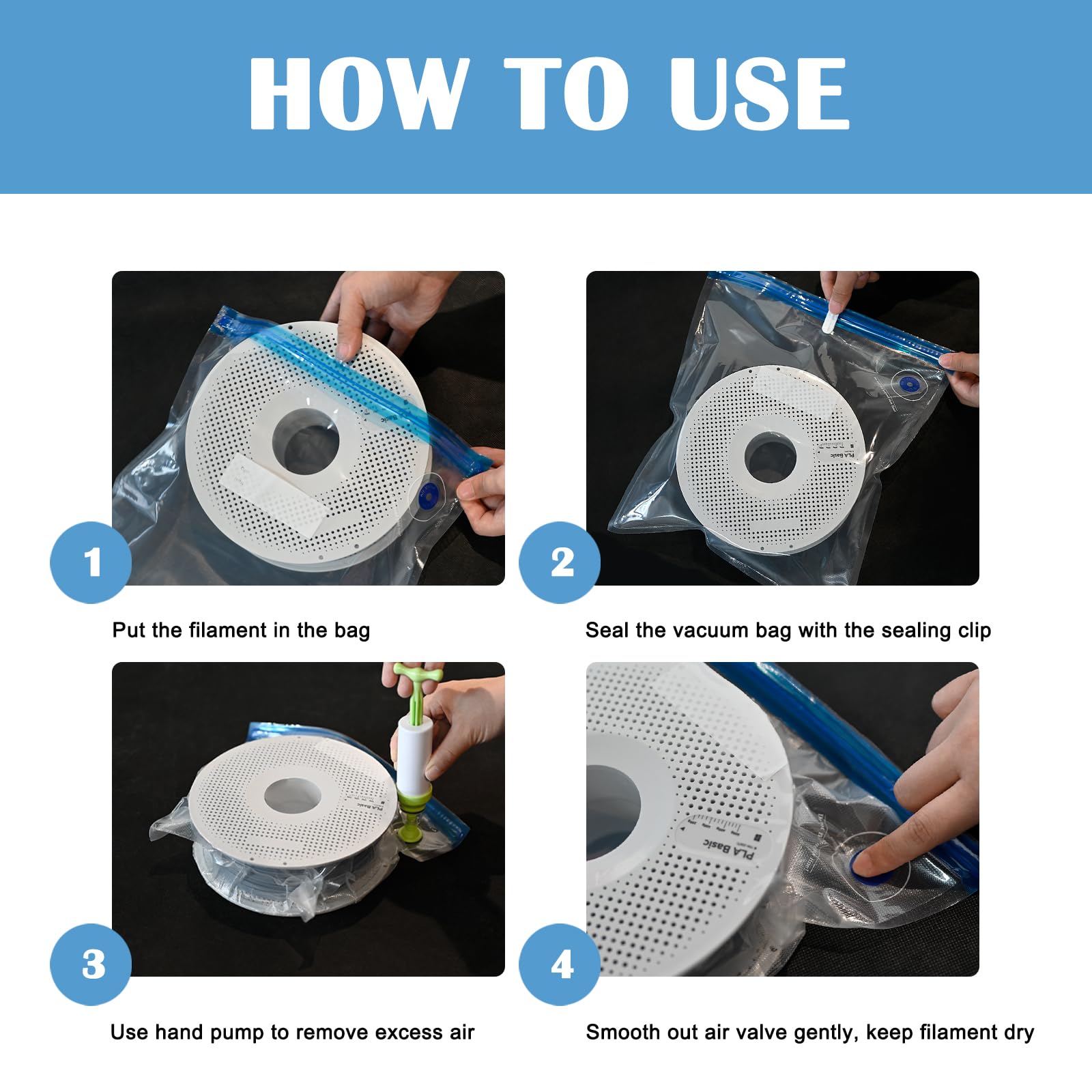 Filament Storage Bags Vacuum Kit, Tiopy 20Pcs 3D Printer Filament Sealed Bags With 20Pcs Desiccants/Seal Clip/Hand Pump, Perfect