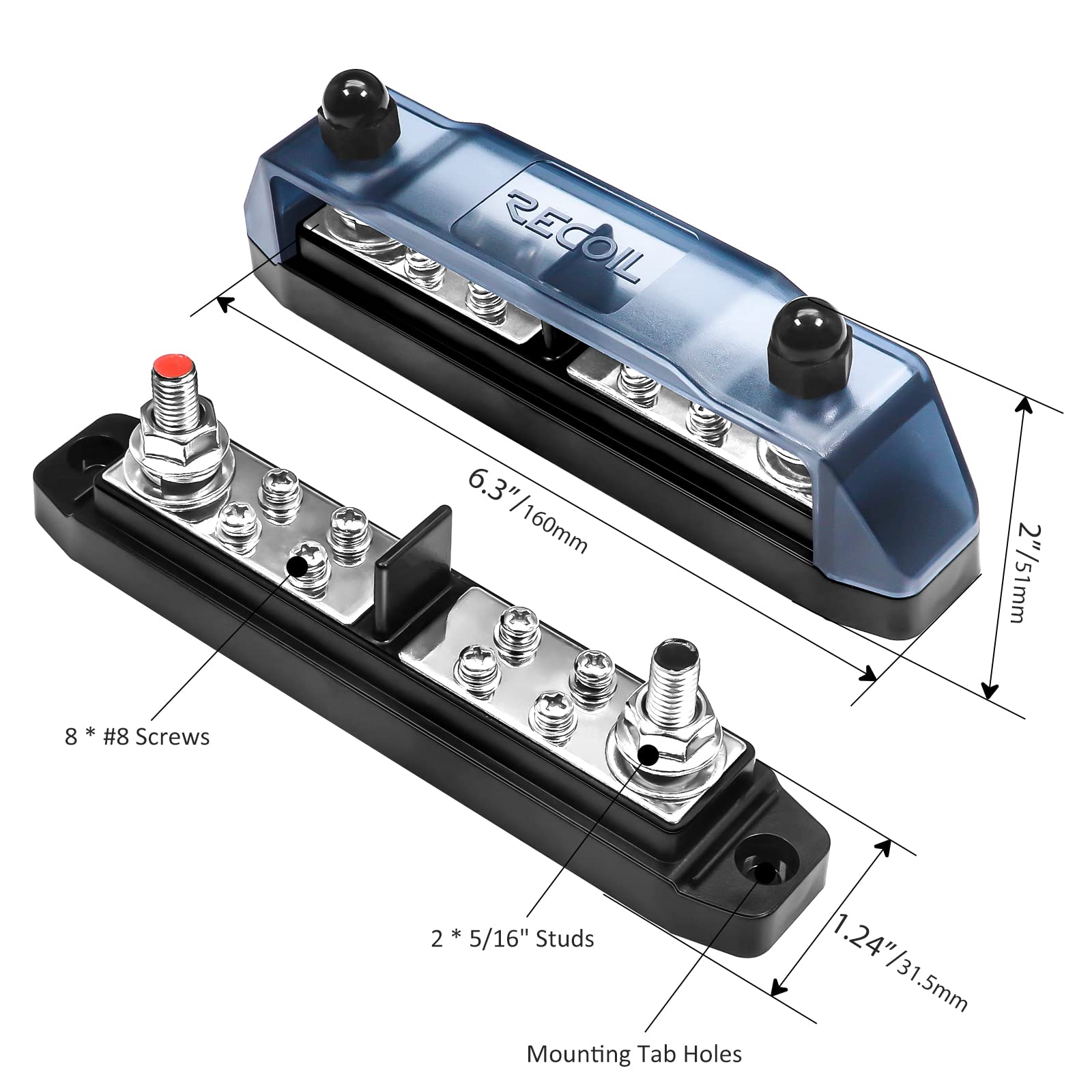 Recoil Bbpg5 Busbar Positive And Negative 2 X 5/16    Studs And 8 X #8 Screw Terminals Power Distribution Block With Ring Termin