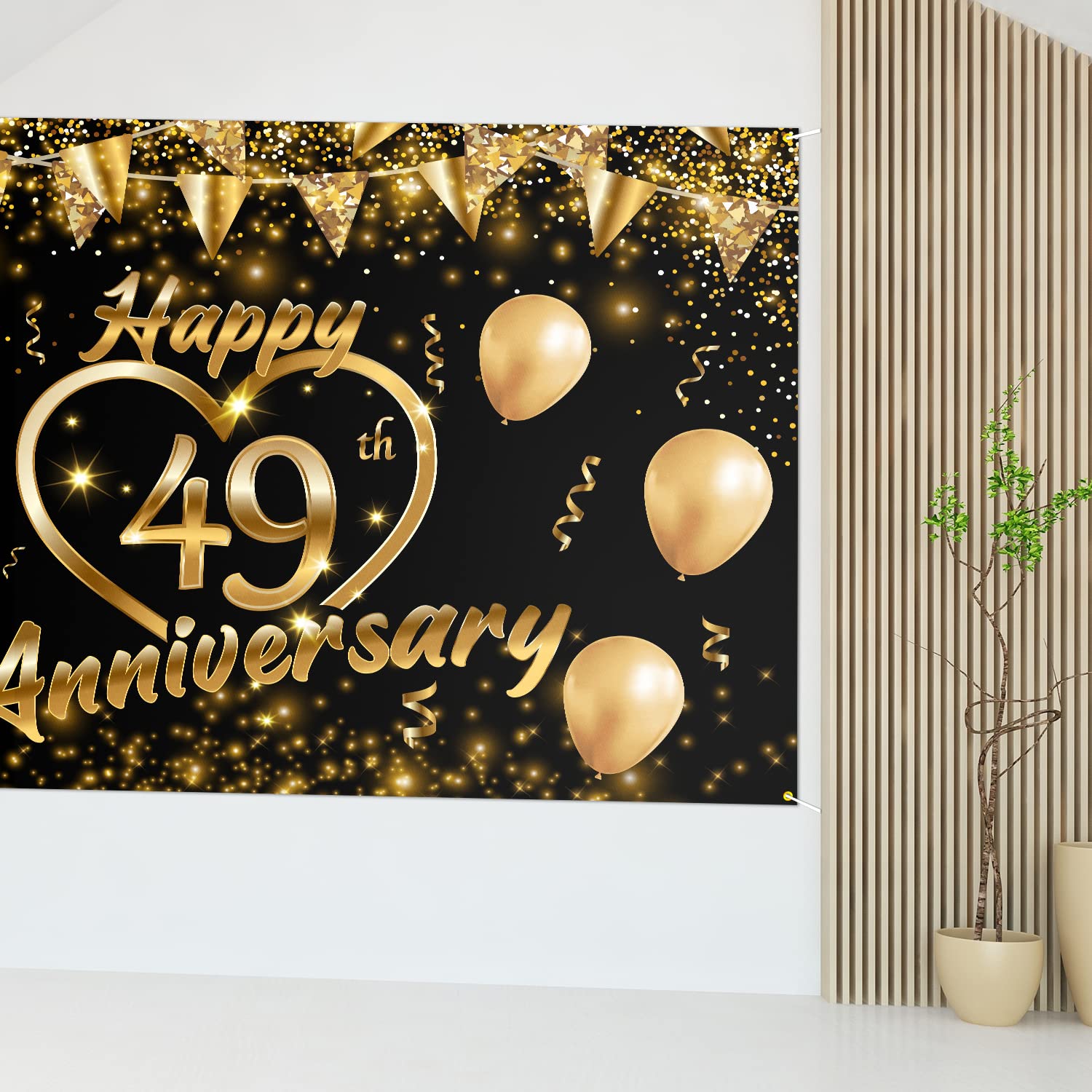 Happy 49Th Anniversary Backdrop Banner Decor Black Gold   Glitter Love Heart Happy 49 Years Wedding Anniversary Party Theme Deco