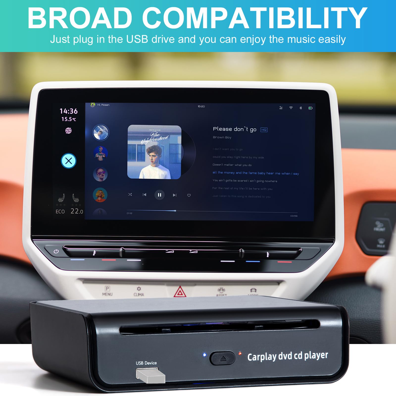 Flwlkeji Portable External Usb/Type C Cd Dvd Player For Car With Built In Wireless Carplay & Android Auto Adapter,Carplay Dvd Pl