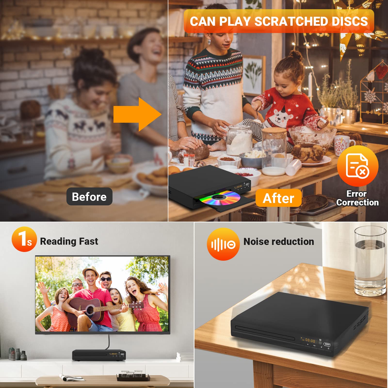 Dvd Player, Hdmi Region Free Dvd Players For Smart Tv, 1080P Upscaling, Usb Input, Hdmi/Rca Output Cable Included, Breakpoint Me