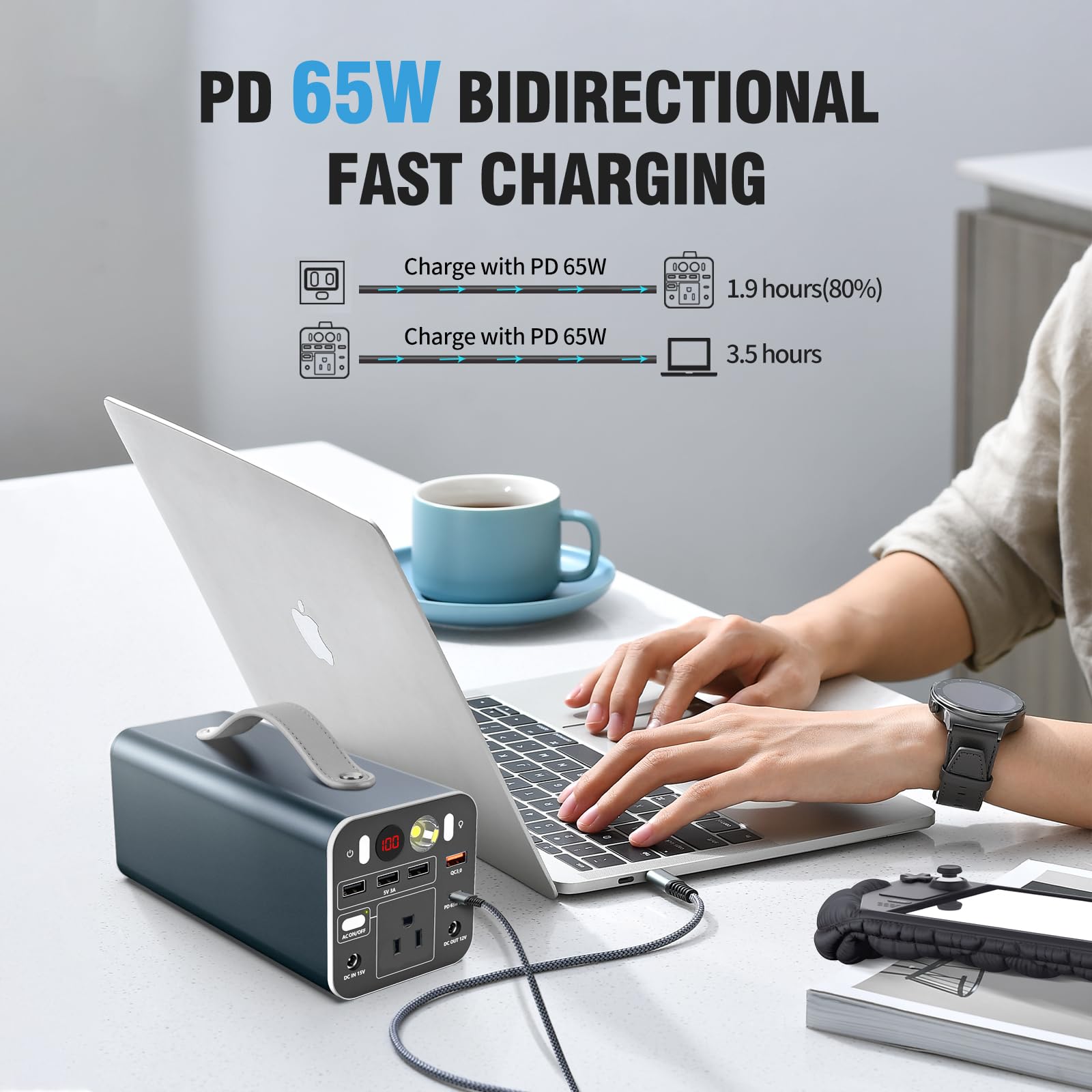 Powdeom 155Wh Portable Power Station, 42000Mah Laptop Power Bank With 150W Ac Outlet, Dual Way 65W Pd/Usb C Port, Laptop Charger
