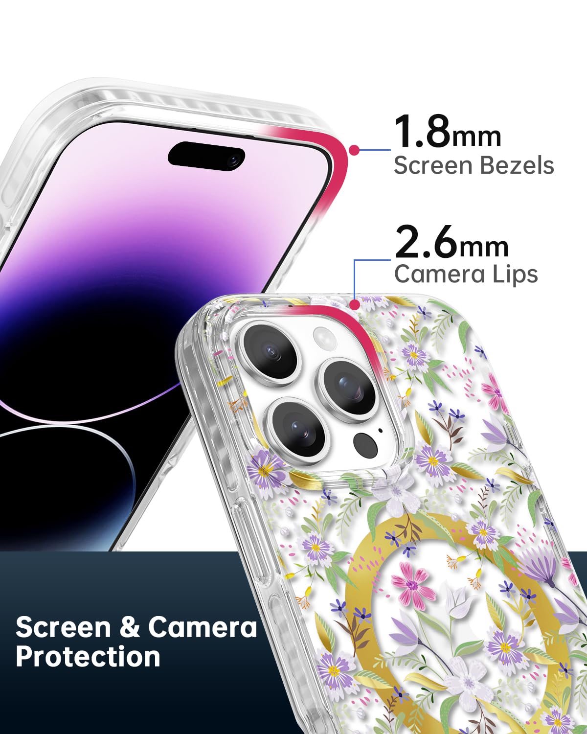 Scorpify For Iphone 16 Pro Max Case [Compatible With Magsafe] With Purple Cherry Floral Design, Cute Clear Flower Magnetic Phone