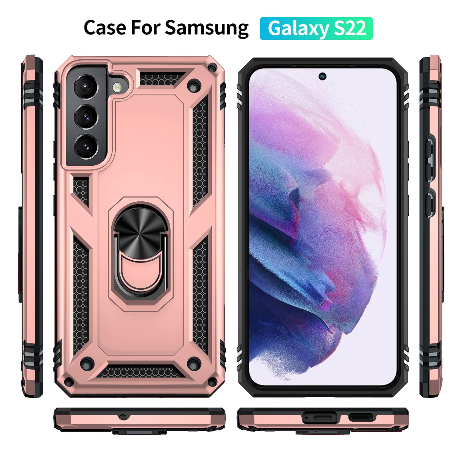 SKTGSLAMY Galaxy S22 5G Phone Case Military Grade Drop Tested Magnetic Kickstand TPU Rose Gold