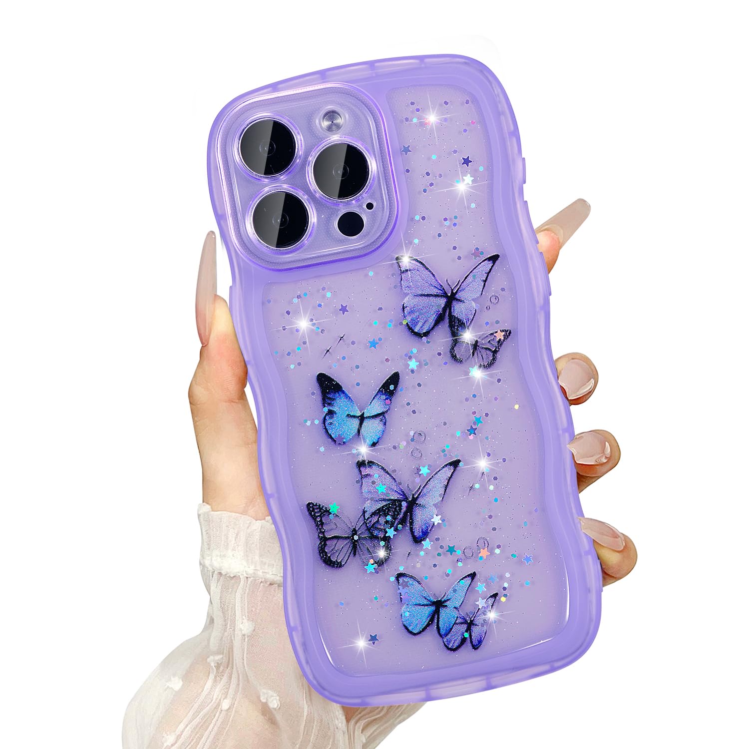 UEEBAI Wave Case for iPhone 15 Pro, Pretty Bling Glitter Case for Women Cute Shiny Phone Case for Girls Bling Stars Clear Case B