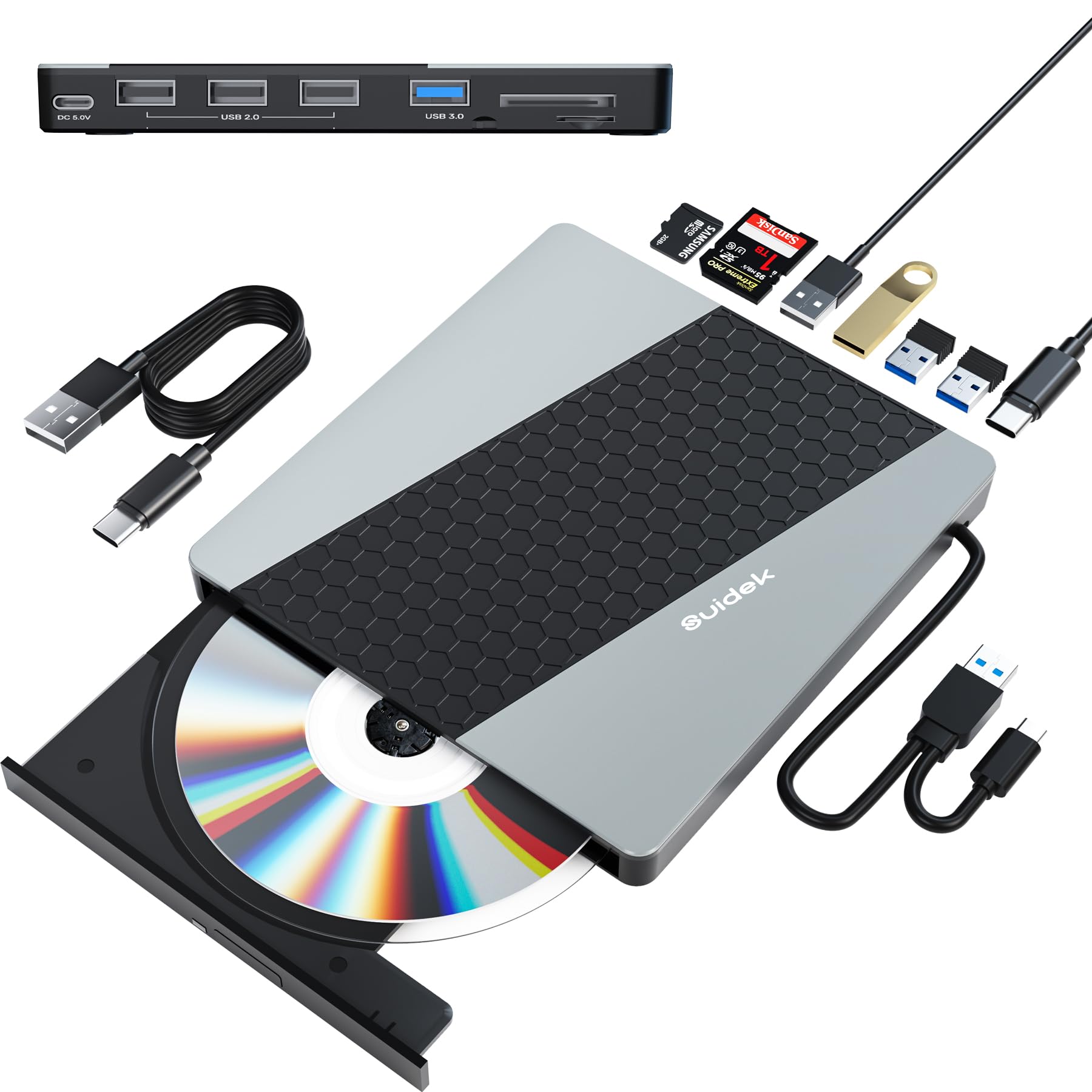 Suidek External Cd Dvd Drive, Usb 3.0 Usb C Portable Cd Dvd +/ Rw Burner Dvd Player For Laptop With Sd/Micro Sd Card Reader 8 In