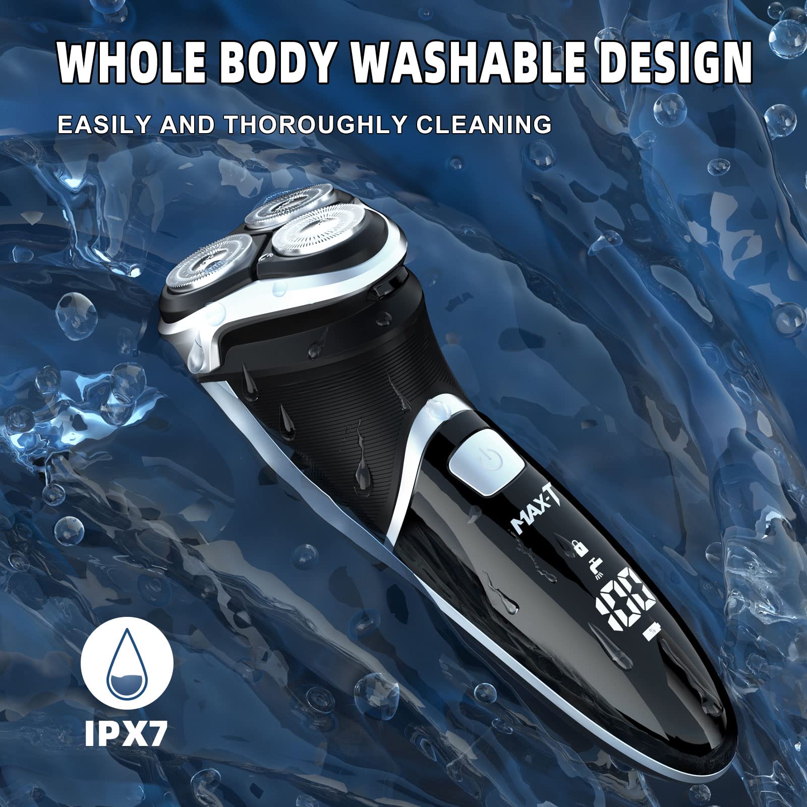 Electric Shaver Razor For Men, Max T Quick Rechargeable Wet Dry Rotary Shaver With Pop Up Trimmer And Led Display, Ipx7 100% Wat