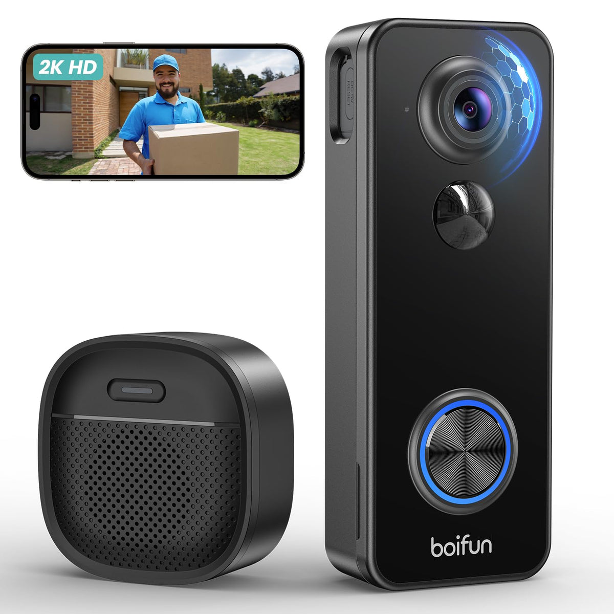 Boifun 2K Head-To-Toe 180 View Doorbell Camera Wireless, No Subscription, Smart Ai Detection, Live View With Two-Way Talk Door B