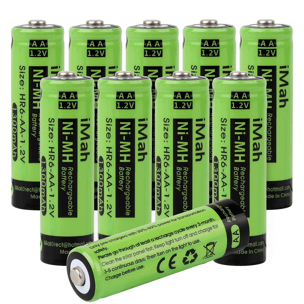 Imah 10 Pack Aa Rechargeable Batteries For Solar Lights 1.2V 1300Mah Ni Mh, Also Work With Garden Lamps, Remotes, Mice And Other