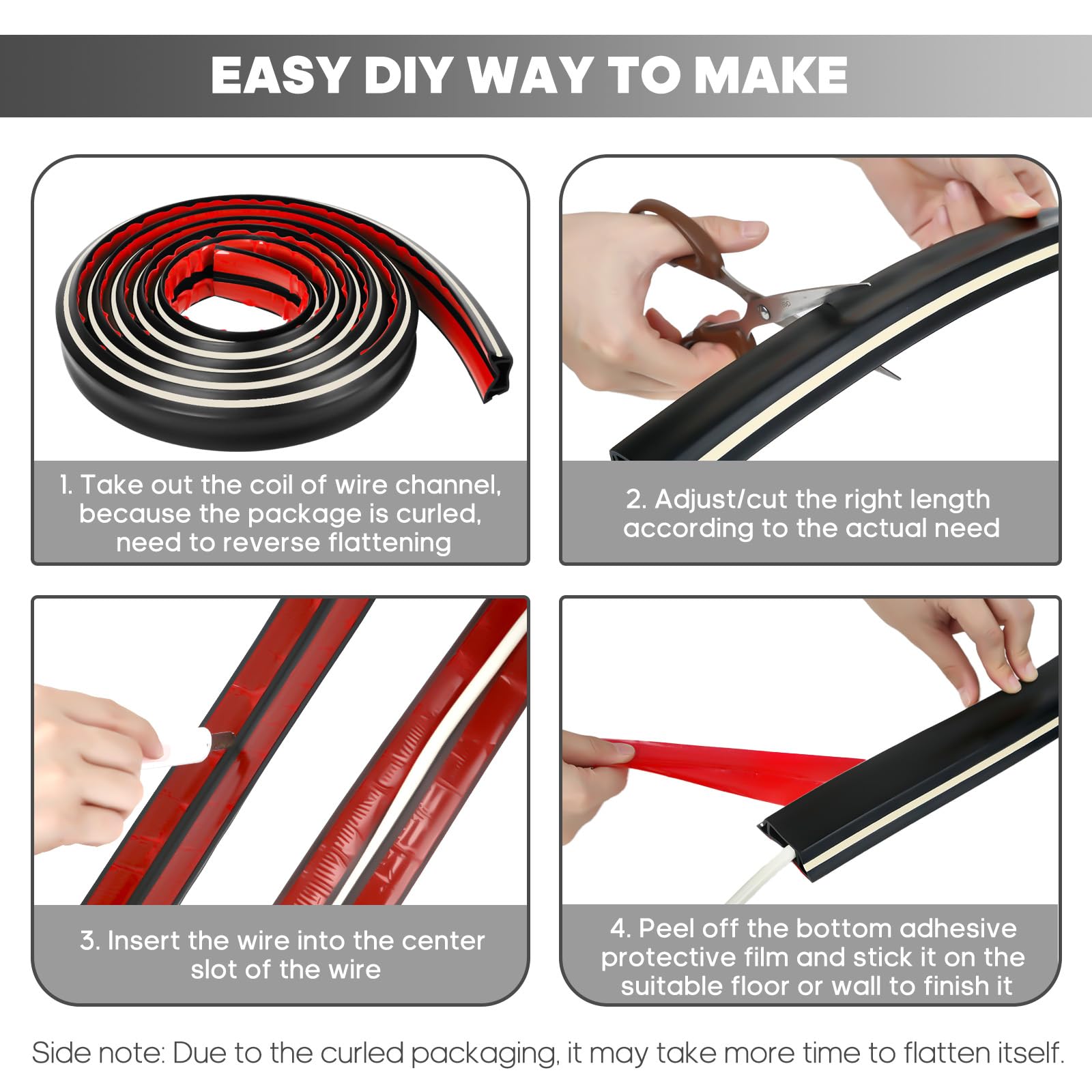 10Ft Black Floor Cord Cover, Self 2'' (W) X 0.6''(H), 3 Cord Channels, Adhesive Power Cable Protector, Silicone Cord Protector,