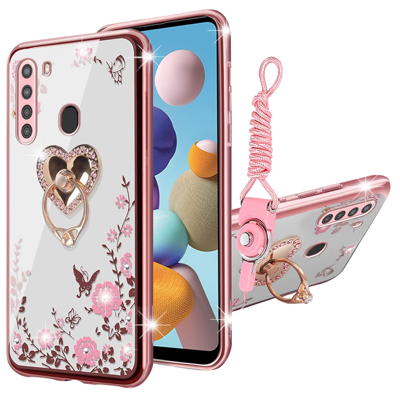 Kudini For Galaxy A21 Case, Samsung A21 Case For Women Girly Glitter Crystal Soft Tpu Bling Cute Butterfly Heart Floral Clear Pr