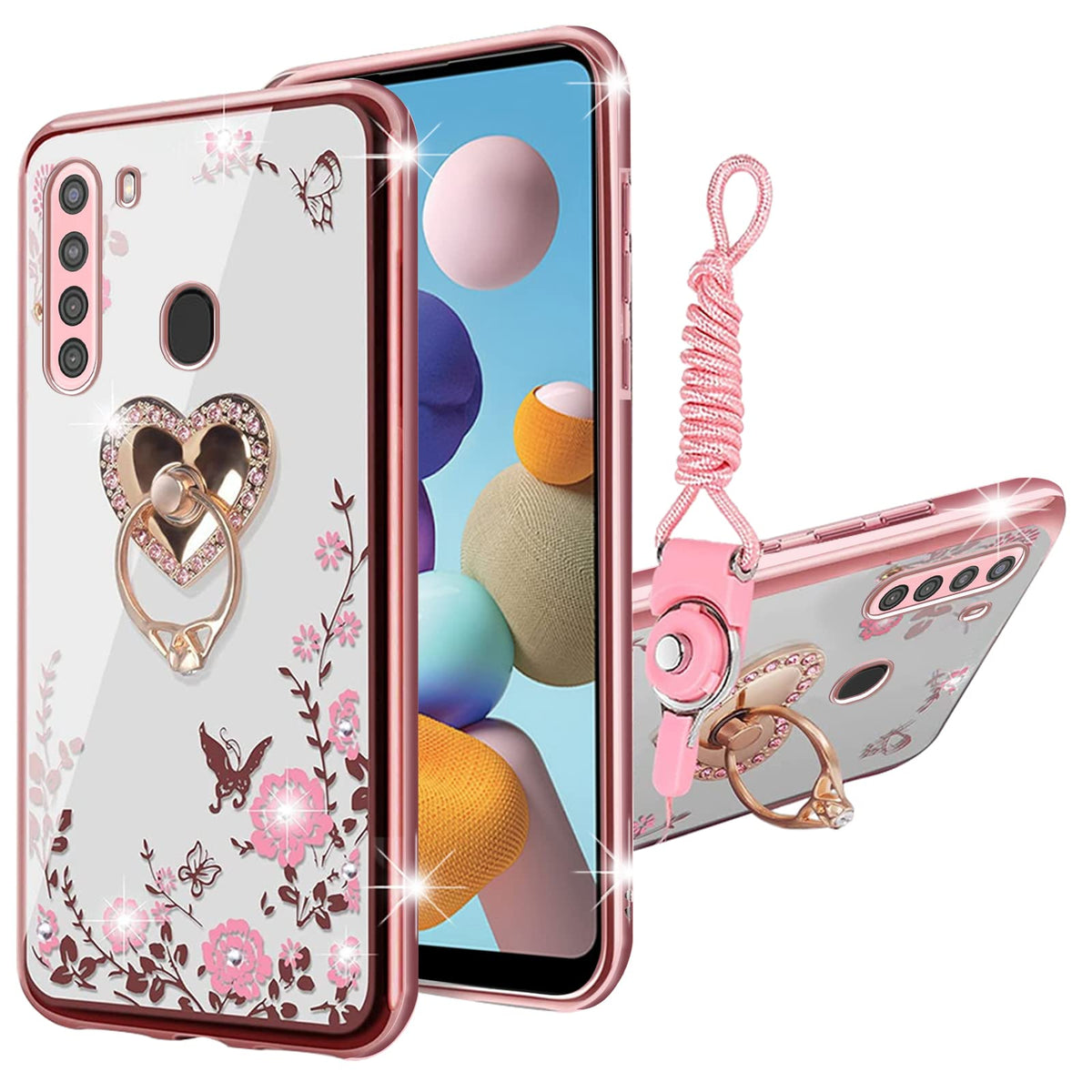 Kudini For Galaxy A21 Case, Samsung A21 Case For Women Girly Glitter Crystal Soft Tpu Bling Cute Butterfly Heart Floral Clear Pr